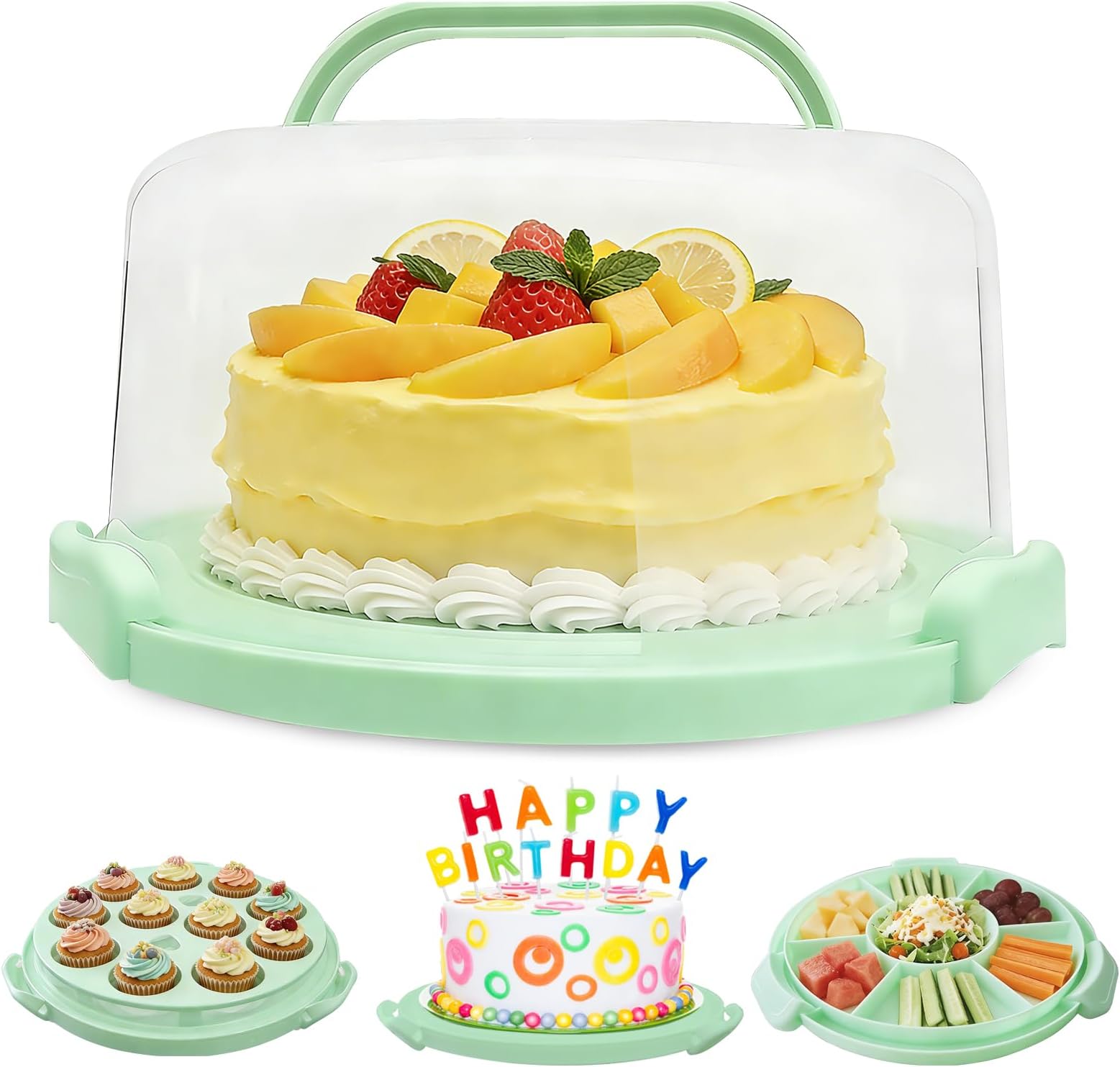 Plastic Cake Carrier with Lid and Handle, Multipurpose Cake Stand Holder Container for 11 in Cake, Round Cupcake Storage Box Serving Tray with Cover for Bundt Dessert Pie Pizza Eggs Fruit Green