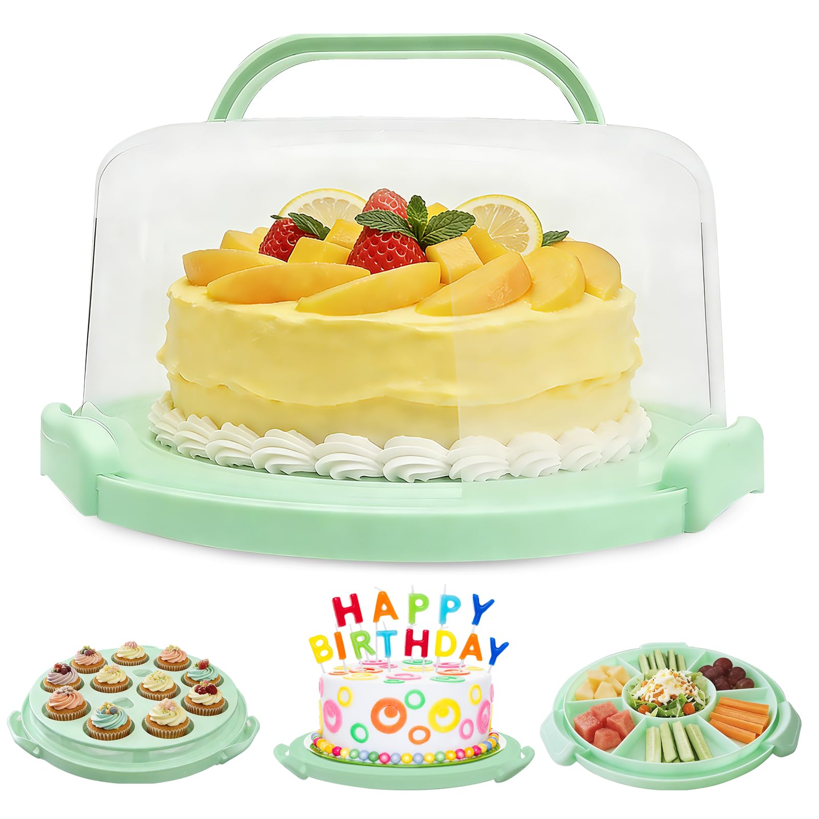 Slomg Plastic Cake Carrier with Lid and Handle, Multipurpose Cake Stand | Holder Container for 11 in Cake, Round Cupcake Storage Box Serving Tray with Cover for Bundt Dessert Pie Pizza Eggs Fruit