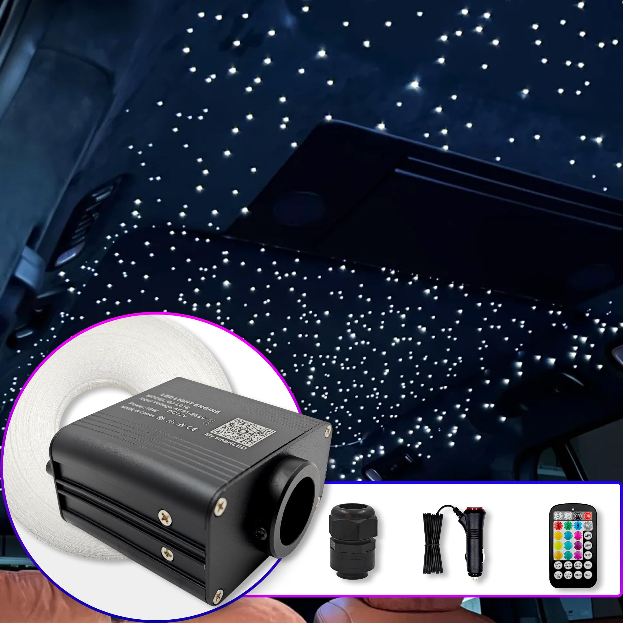 Goldgecko Mini 16W RGBW Twinkle LED Fiber Optic Starlight Headliner kit with Music Rhythm Sync Wireless Remote Bluetooth APP Controlled for Car/Home (150PCS*0.03in*6.5ft/2m)