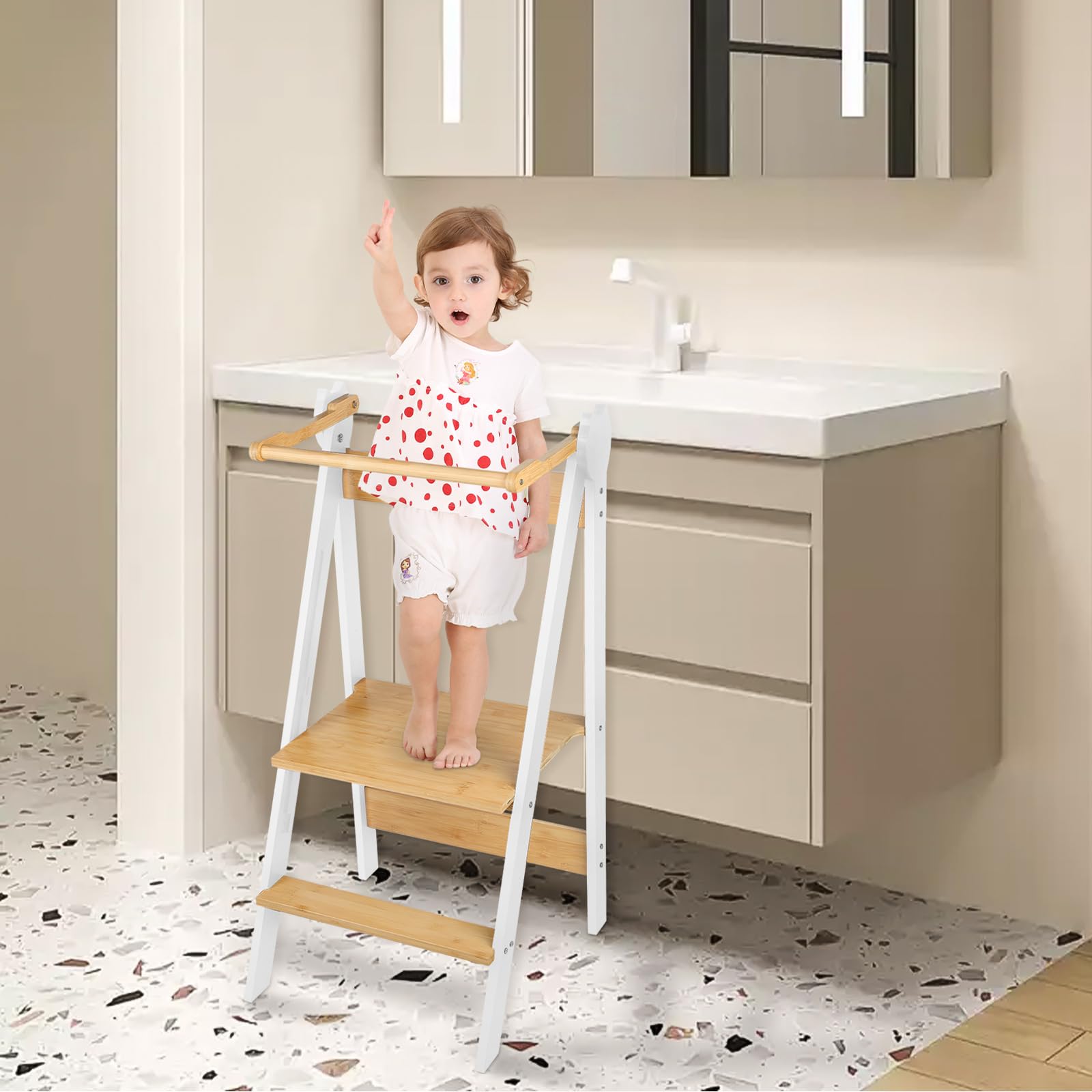 Torre Montessori plegable con patas anti-Bascular torre de observación Montessori con rieles de seguridad torre de observación infantil ajustable en altura sobre pisos (blanco)
