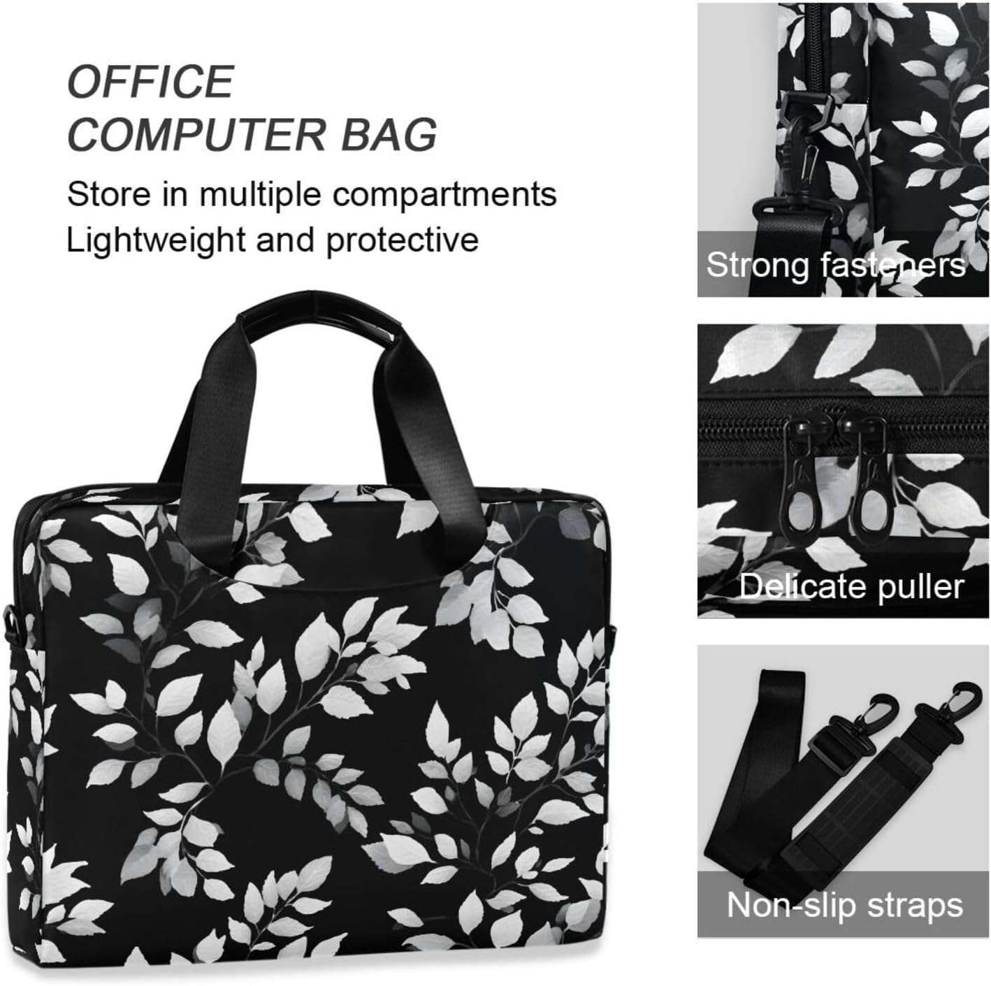 Leaf Black Pattern Print Laptop Shoulder Bag Sleeve Case with Multi-Pockets Messenger Bag Briefcase Fits 13-16 in Laptops Tablets