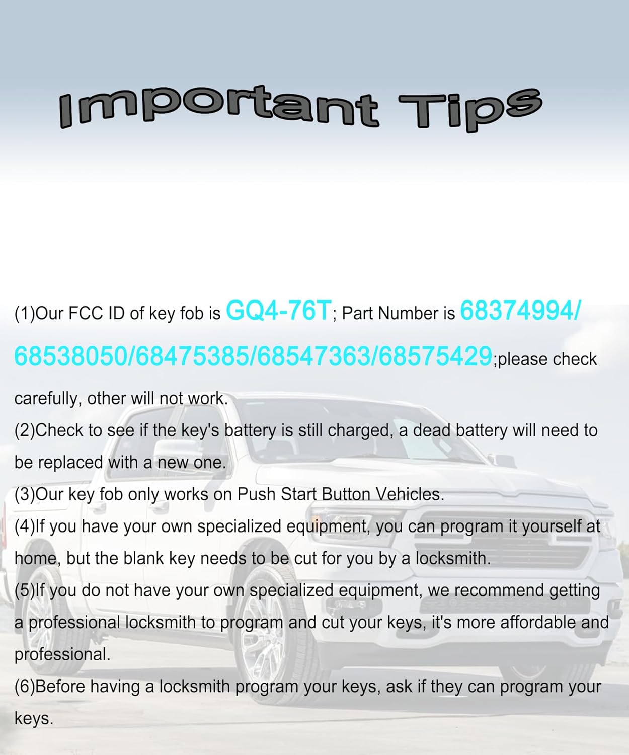 Smart Key for Dodge RAM 2019-2024, YIKEBALOG Proximity Remote Control Key Fob Replacement for Dodge RAM 2500 3500 4500 5500 GQ4-76T 68374994