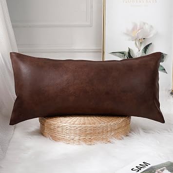 PANOD Decorative Lumbar Throw Pillow Covers 12 x 26,Premium Faux Leather Long Pillow Covers Cushion Case for Farmhouse Sofa Couch Bed Livingroom,Modern Boho,Vegan Dark Brown