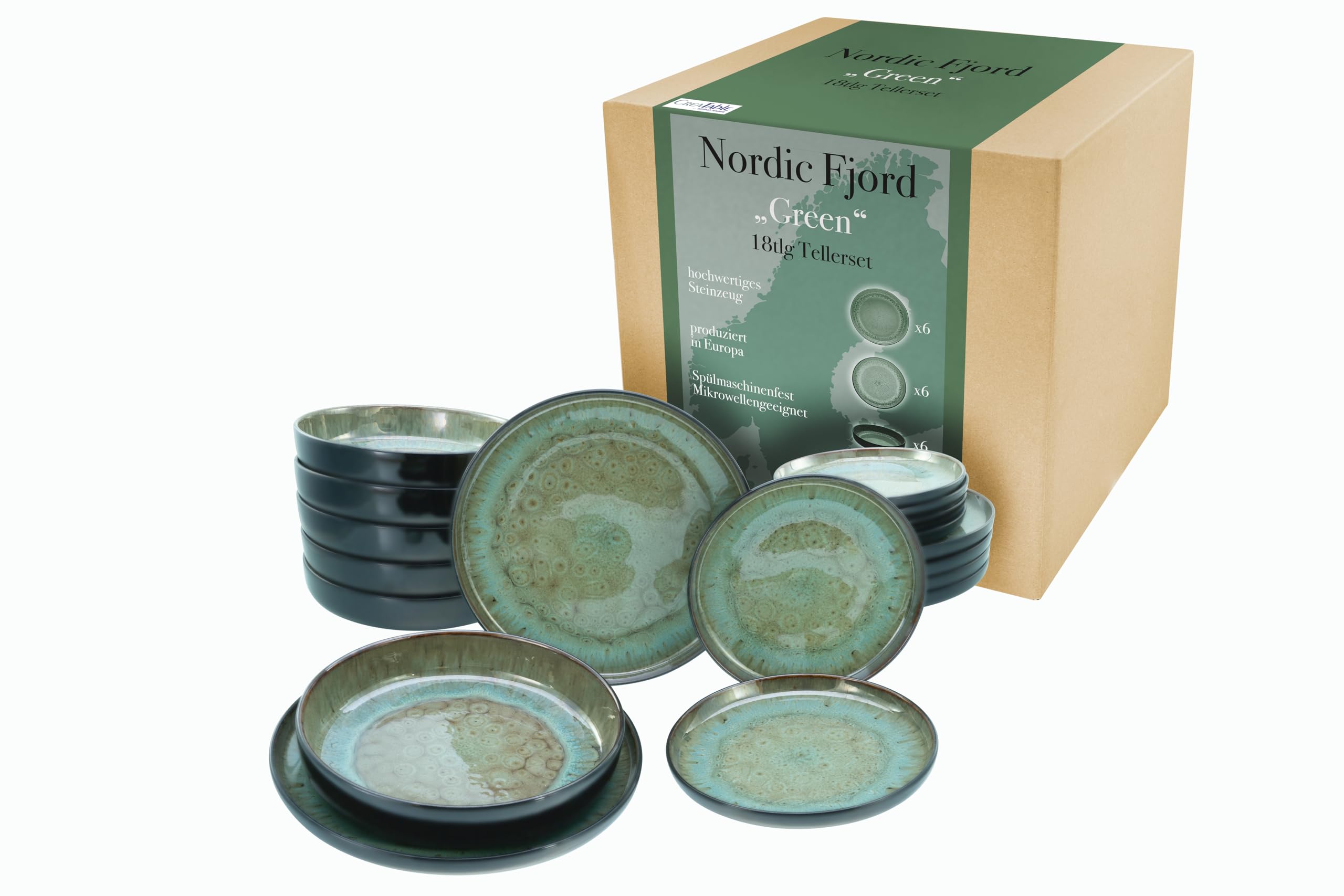 CreaTable, 21557 seria Nordic Fjord, 18-częściowy zestaw zastawy stołowej, zestaw talerzy kamionkowych, nadaje się do zmywarki i kuchenki mikrofalowej, produkcja wysokiej jakości