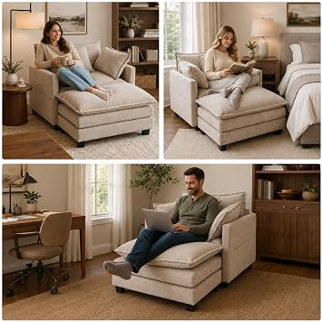 41 Oversized Chair with Ottoman, Chenille Reading Chair and a Half, Deep Seat Comfy Armchair with Pillows for Living Room, Bedroom, Apartment, Home Office (Coffee)