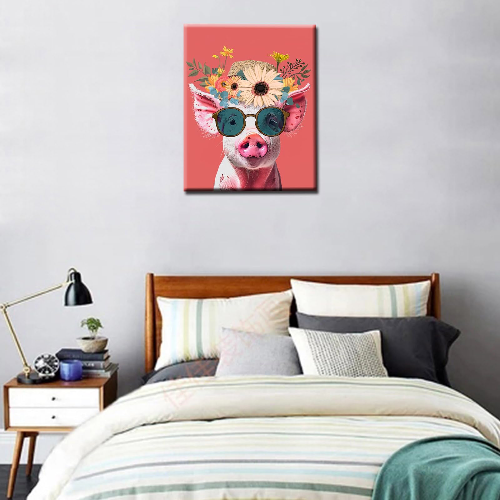 Animal Wear Flowers Hat Poster Prints Artwork Pig with Cute Sunglass and Straw Hat 1P Canvas Room Wall Creative Pictures Home Decor for Living Room Framed Gallery-Wrapped Ready to Hang 16x24inch - Image 2