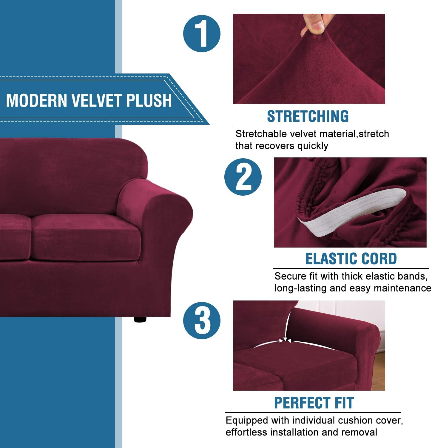 Real Velvet Plush 3 Piece Stretch Sofa Covers Couch Covers for 2 Cushion Couch Sofa Slipcovers (Base Cover Plus 2 Large Cushion Covers) Feature Thick Soft Stay in Place (Large Sofa, Grey): Kitchen & Dining