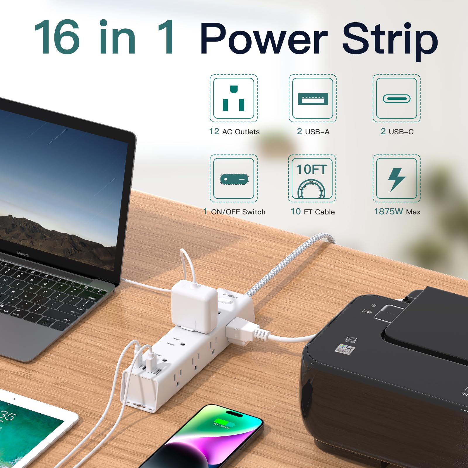 Tira de alimentación con protector de sobretensión, cable de extensión de 10 pies, regleta de alimentación con 12 salidas de CA ampliamente 3 USB, enchufe plano, protección contra sobrecarga de