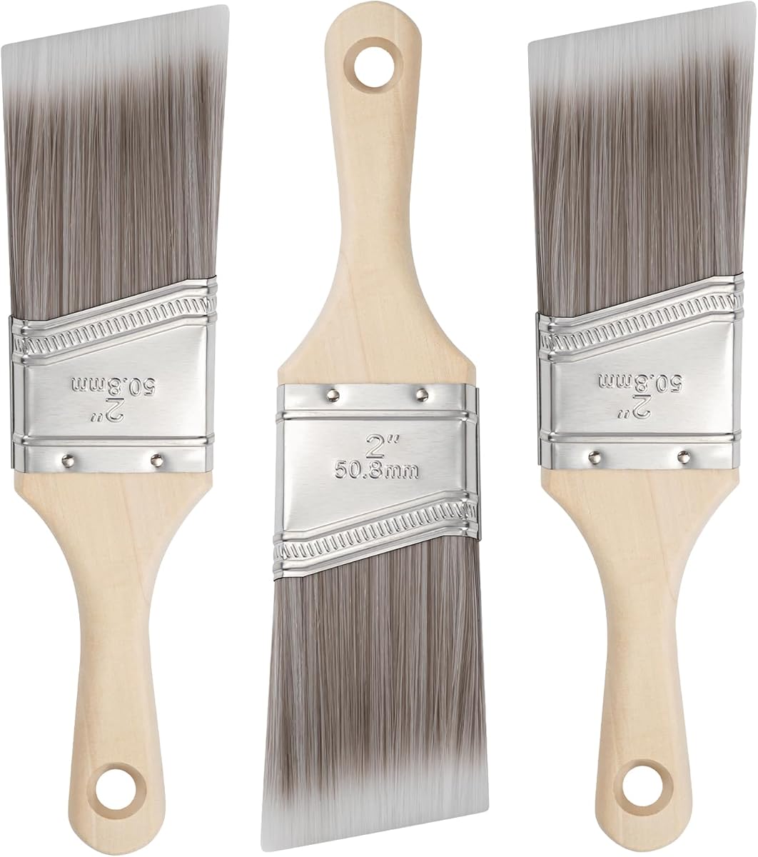 Pinceles para pintar, 2 pulgadas, pinceles en ángulo con mango corto, paquete de 3 | Pincel de acceso directo para pinturas y tintes, pinceles pequeños para paredes, muebles, armarios y mejoras para el hogar