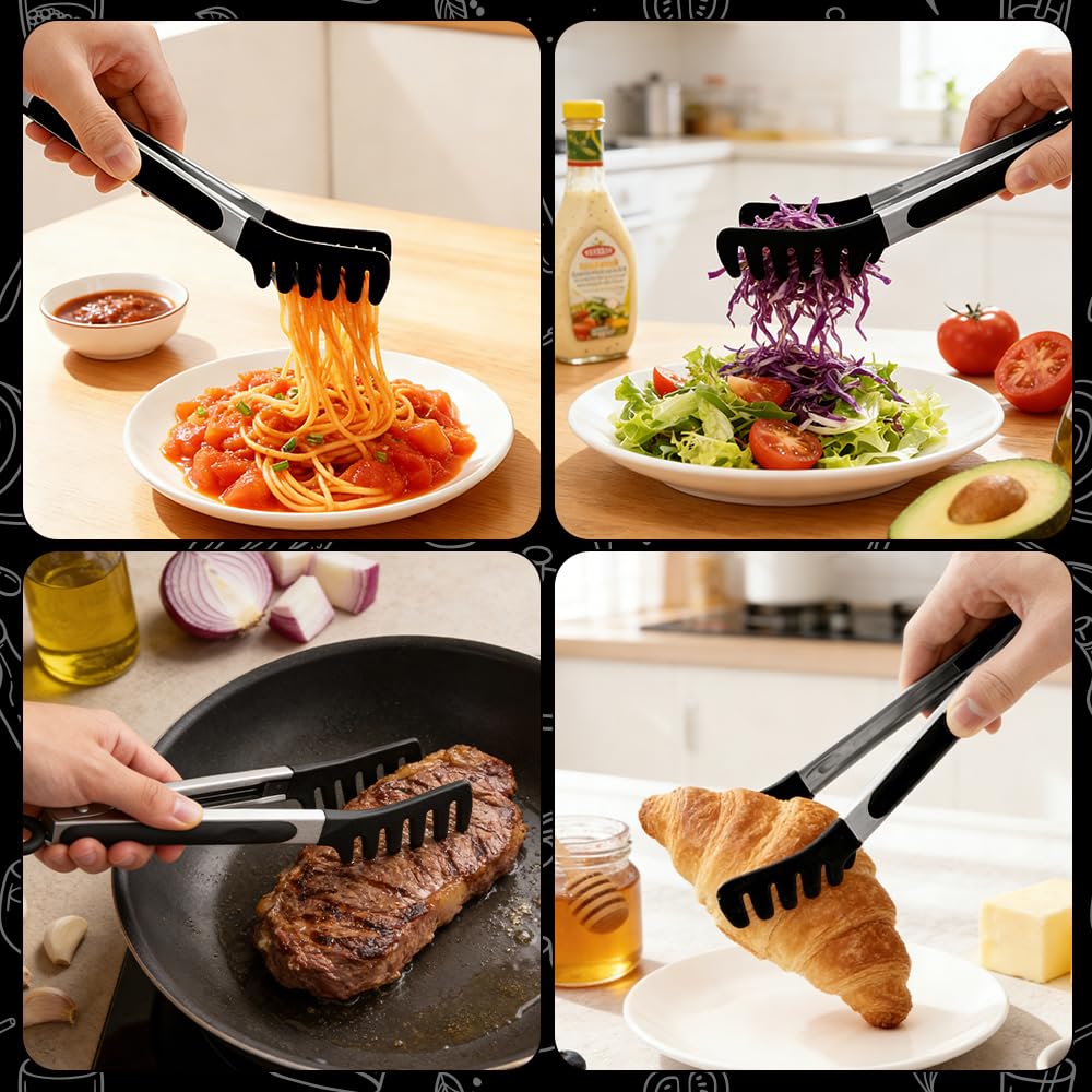 Juego de Pinzas para Pasta Acero Inoxidable con Puntas de Silicona y Bloqueo