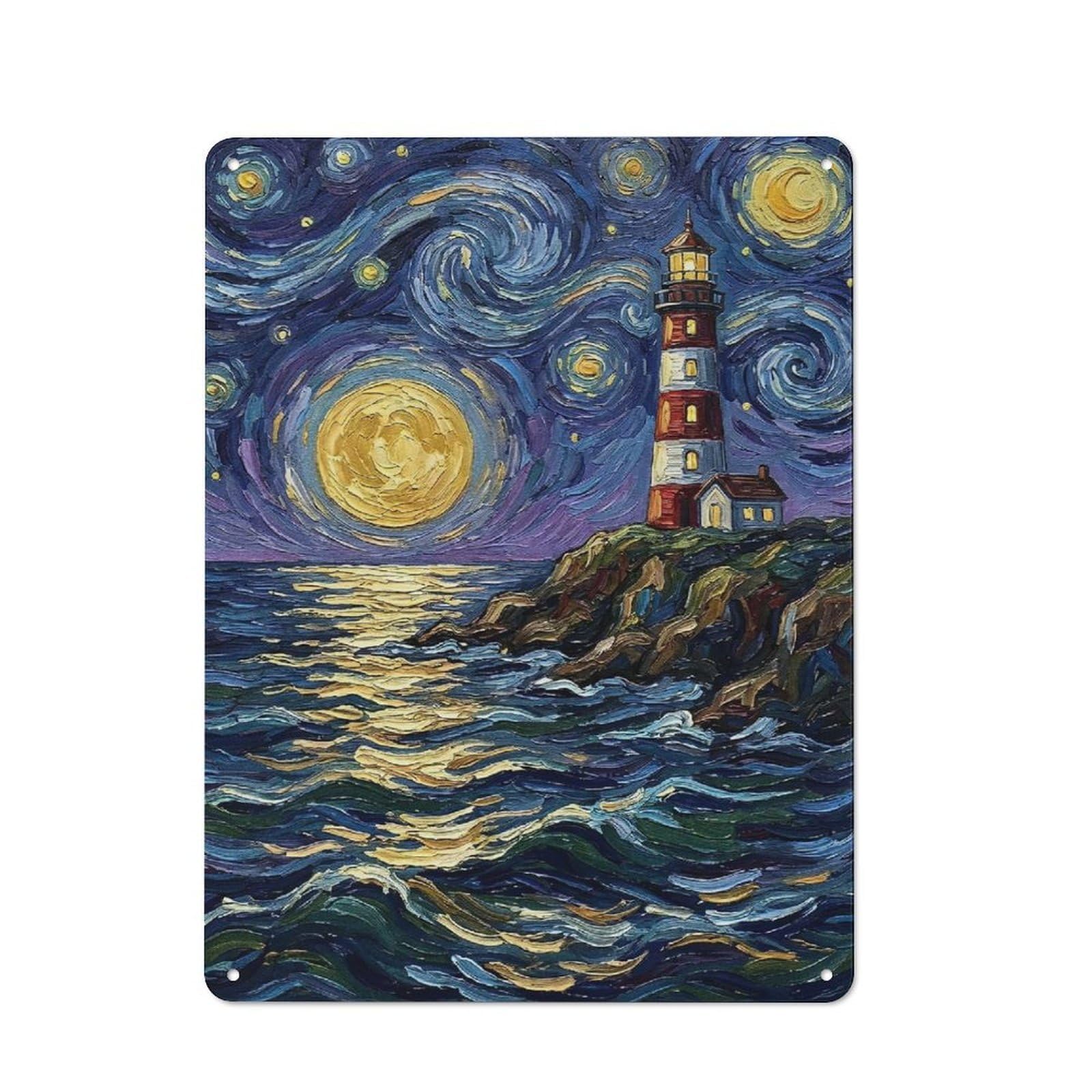 Understated Lighthouse Under Starry Night Sky Painting Metal Wall Plaque 40x30cm, Creative Space Decor for Office, Study, Studio Or Hallway