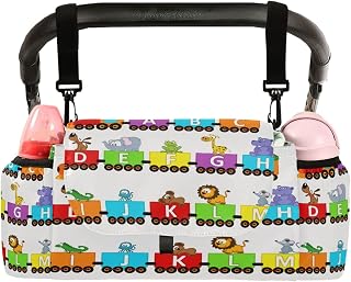 CUPADA Universal Baby Stroller Organizer Bag Cartoon Animal Train Alphabet, Stroller Organizers with Insulated Cup Holders Detachable Shoulder Strap Storage Carrying Diaper and Snacks