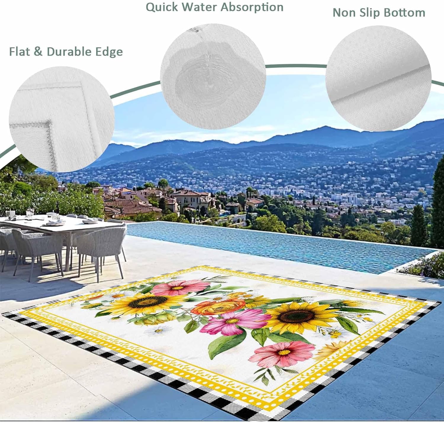 Sunflower Outdoor Rug for Patio/Deck/Porch, Non-Slip Large Area Rug 3 x 5 Ft, Pink Yellow Floral Elegant Pastoral Botanical Indoor Outdoor Rugs Washable Area Rugs, Reversible Camping Rug Carpet Runner