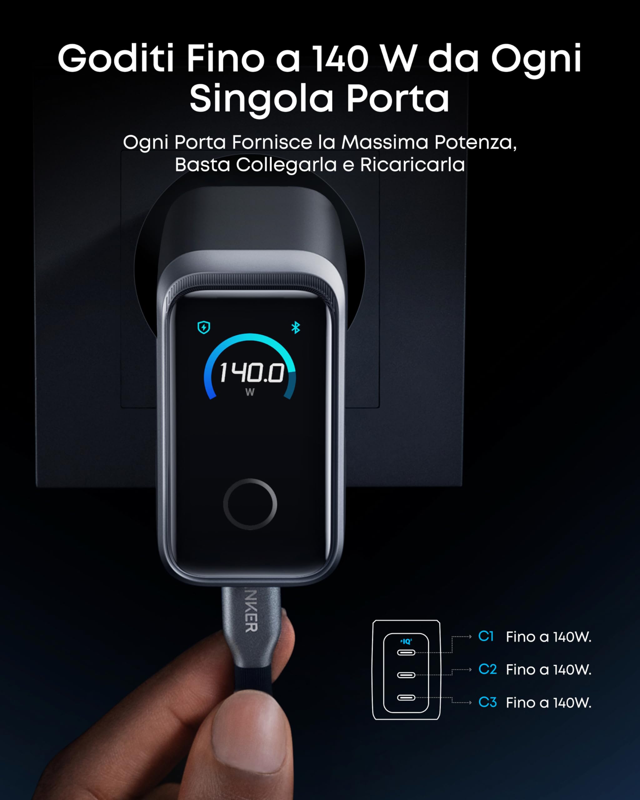 Anker Prime Caricatore USB C 160 W GaN a 3 Porte Display Smart Ricarica Rapida 140W per Laptop MacBook iPad iPhone