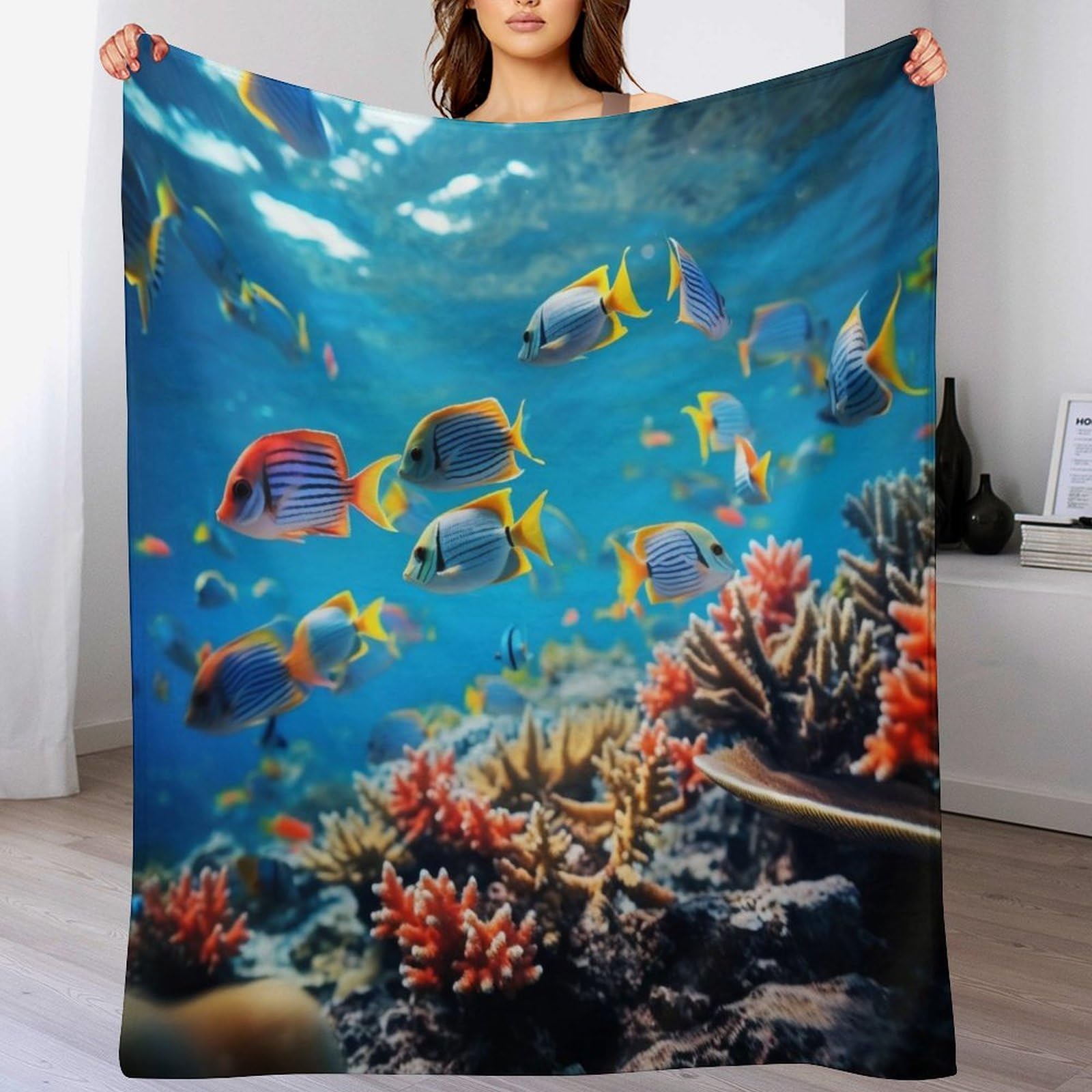Premium Wohndecke - Bunte Fische Decke Flannel - Extra Weiche TV- Decke Vier Jahreszeiten Wohndecke Dicke Couchdecke Für Bett/Sofa（150×200cm）
