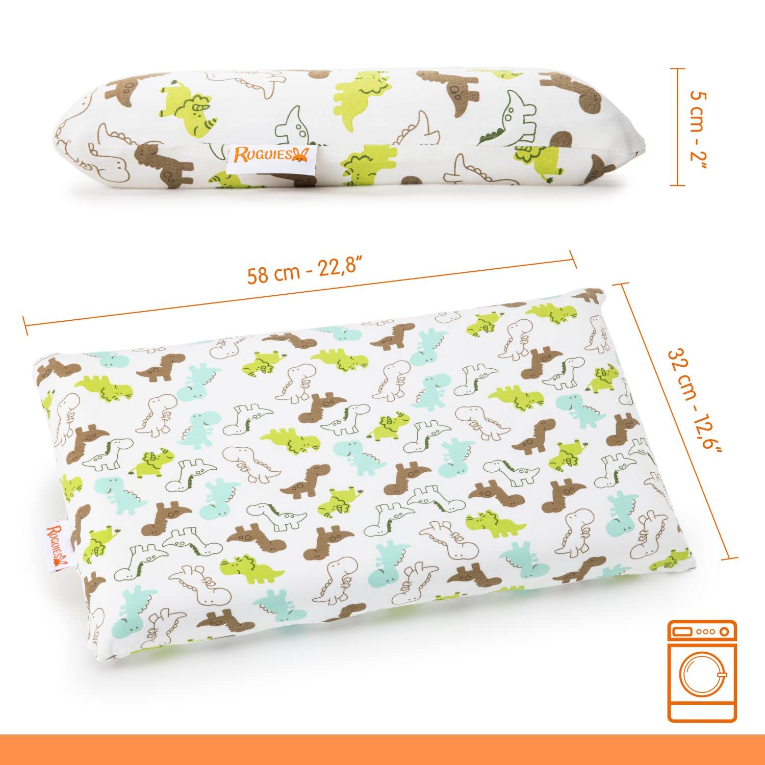 RUGUIES- Cuscino viscoelastico per bambini e neonati, ipoallergenico e traspirante- Cuscino per bambini- Rivestimento lavabile in 100% cotone-OEKO-TEX- Da 1 a 10 anni XL (58x32x 5 o 7cm).