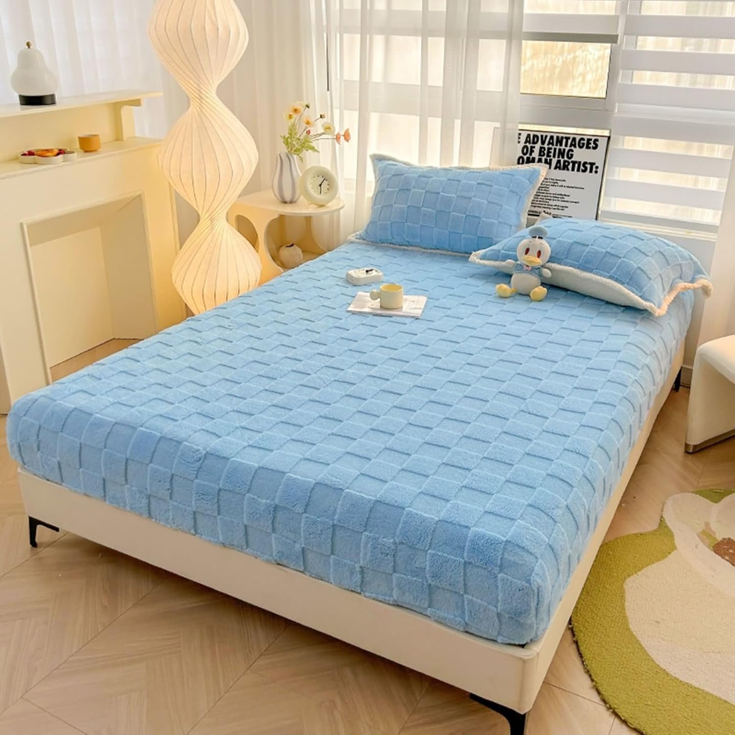 King Size Fitted Sheet and Pillow Cases, Polyester Fiber Square Pattern Bedding Fitted Sheet and 2 Pillowcases Mattress Protector, Soft, Wrinkle Free, Beige White, C-King (79 x 71)