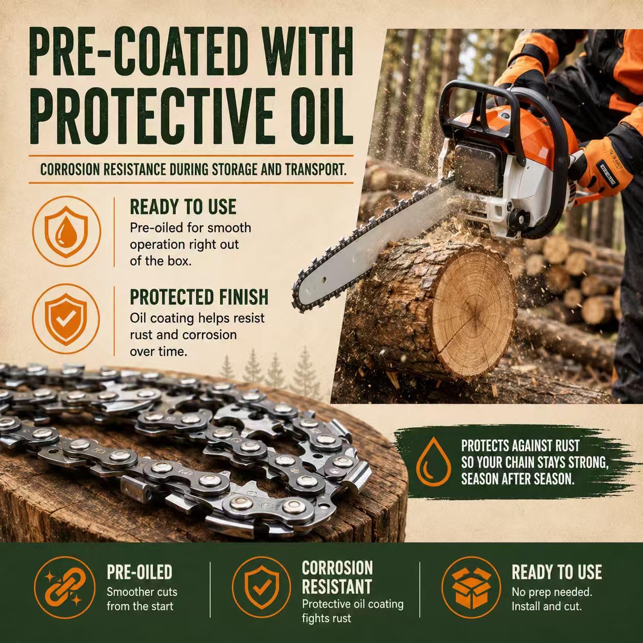 Paquete de 3 cadenas de motosierra de 20 pulgadas, 72 eslabones de transmisión, paso de 3/8 pulgadas, calibre de 0.050 pulgadas, compatible con Husqvarna 455, Poulan PR5020, Stihl MS 260