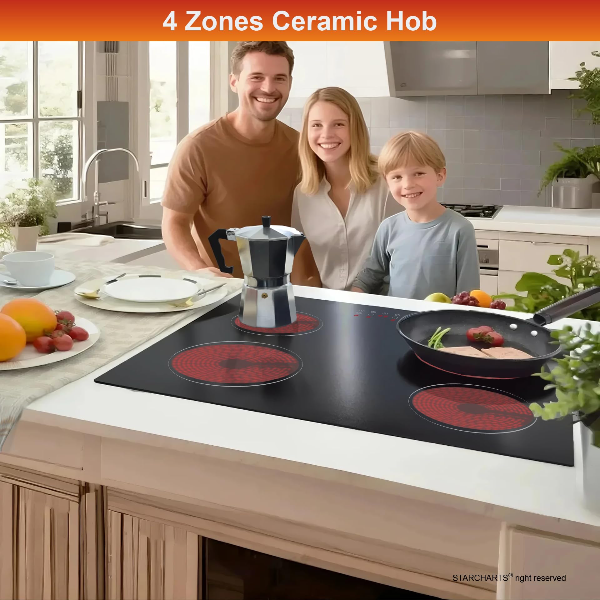 STARCHARTS Wbudowana płyta ceramiczna BRC4001-B, płyta elektryczna, 4 palniki o łącznej mocy 6000 W