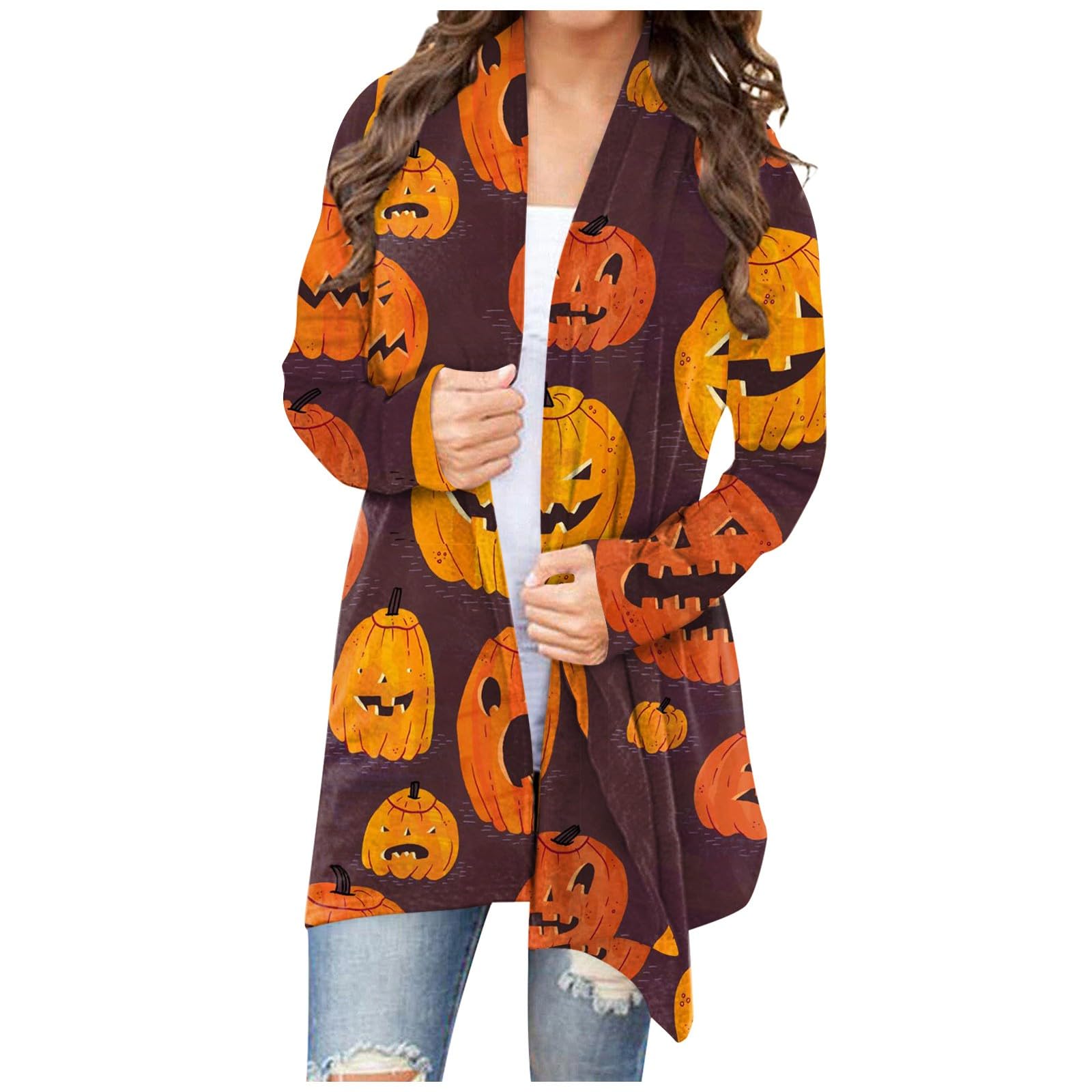 GenericWomen's Halloween Cardigan Pumpkin Print Knitting Lightweight Coat Open Front Cute Long Sleeve Holiday Sweatshirts