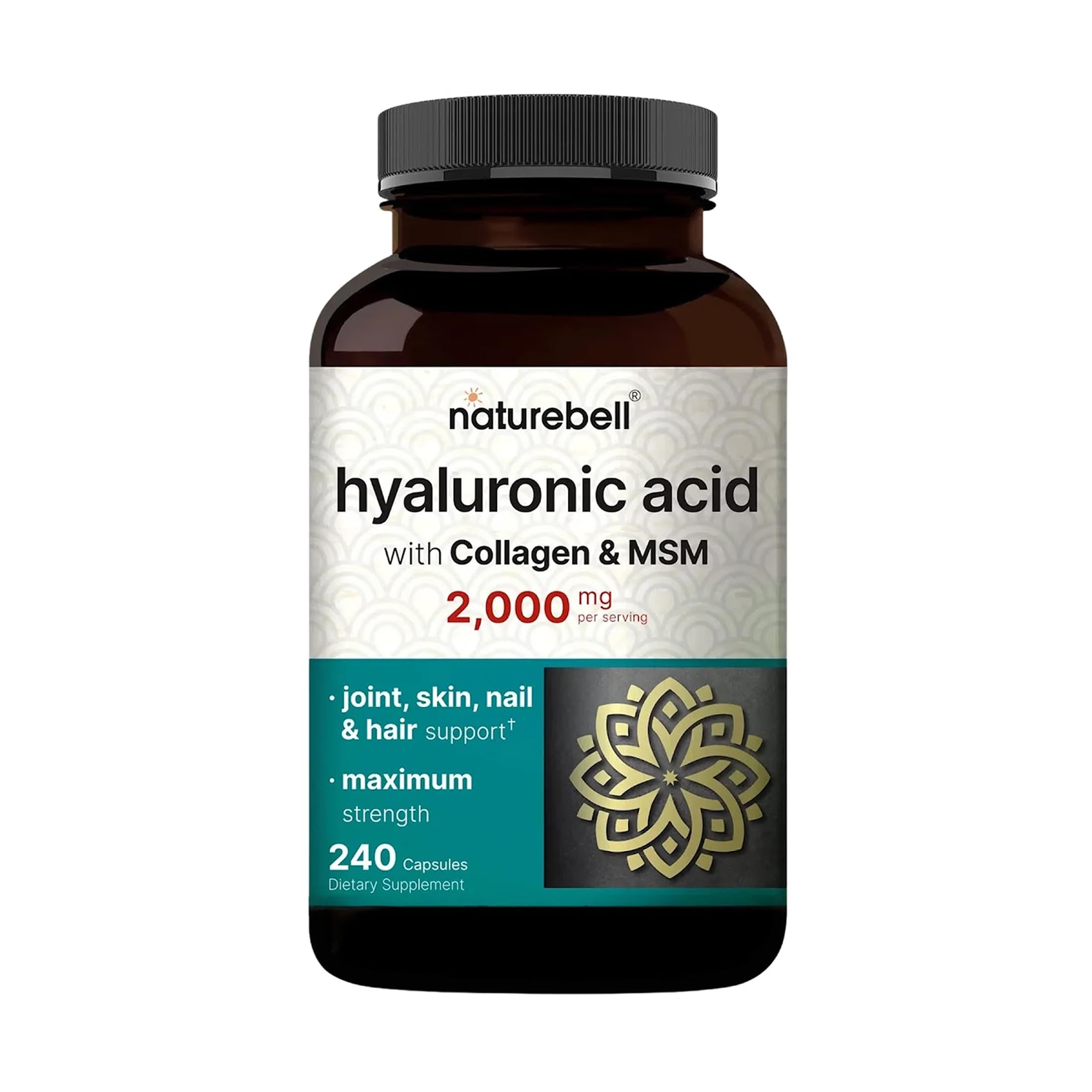 NatureBell Hyaluronic Acid 2,000mg with Collagen & MSM - 240 Capsules - Skin Hydration, Hair, Nail & Joint Support - Water Soluble Formula for Easy Absorption* - Non-GMO & Gluten-Free