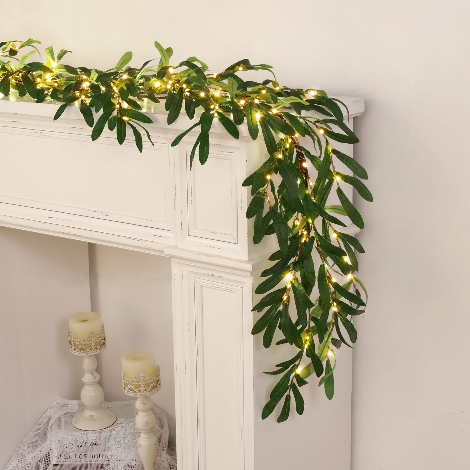 Waipfaru Christmas Decorations, 2 Pcs 6FT Olive Garland with Lights, Pre-lit Christmas Greenery Garland with Timer, Artificial Vine Lights for Mantle Fireplace Wedding Stairs Decor