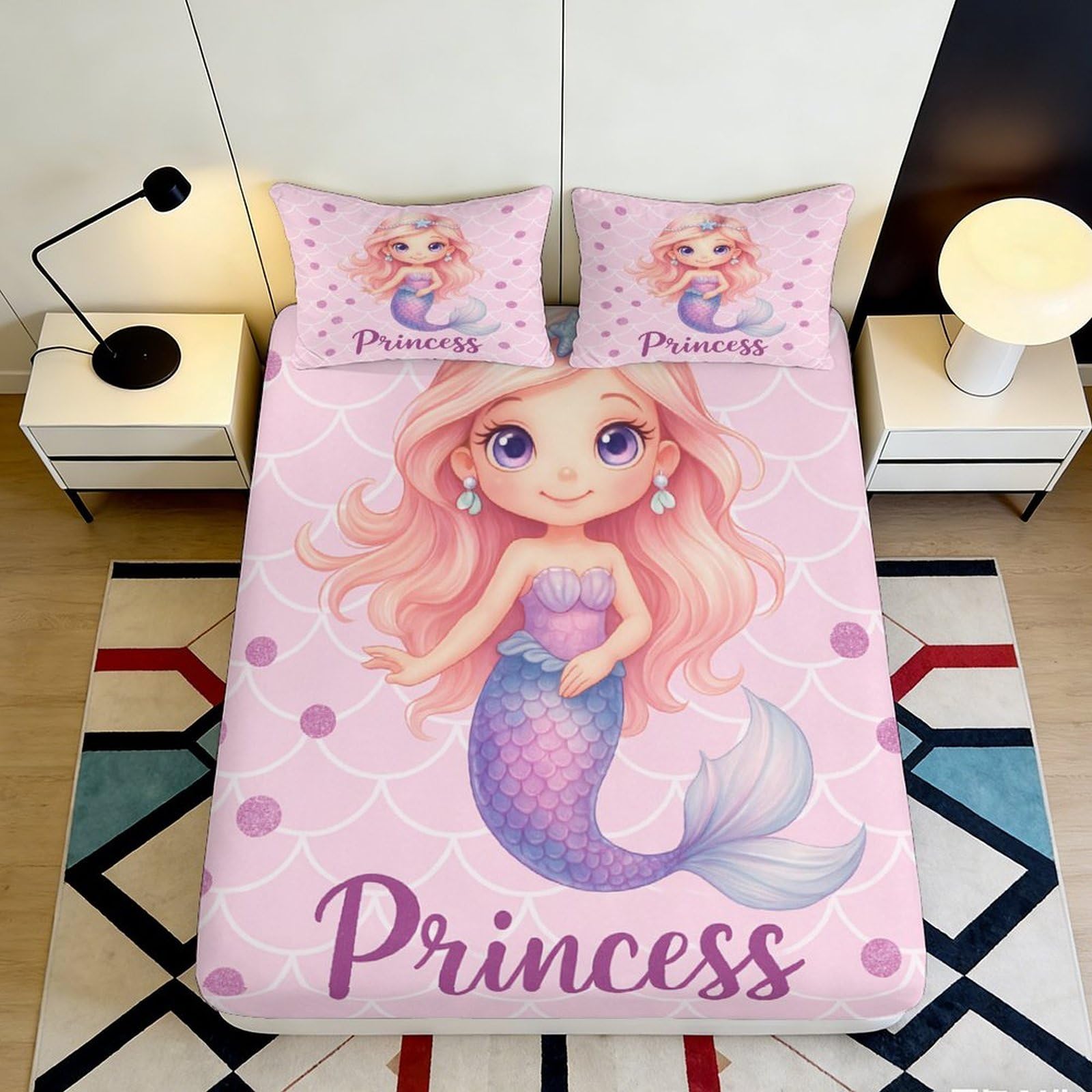 3D Printed Mermaid Princess Fitted Sheet Microfiber Non-Slip Deep Pocket Bedroom Bedding Mermaid Mattress Fitted Cover Washable 200x200x25cm 90x200x25cm