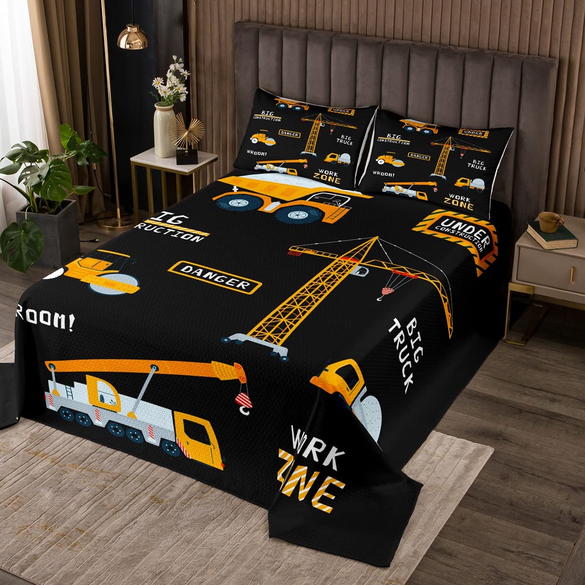 Loussiesd Excavadora acolchada en construcción camión de dibujos animados construcción de vehículos Coverlet set maquinaria pesada equipo decoración negro dormitorio colección 3 piezas tamaño king
