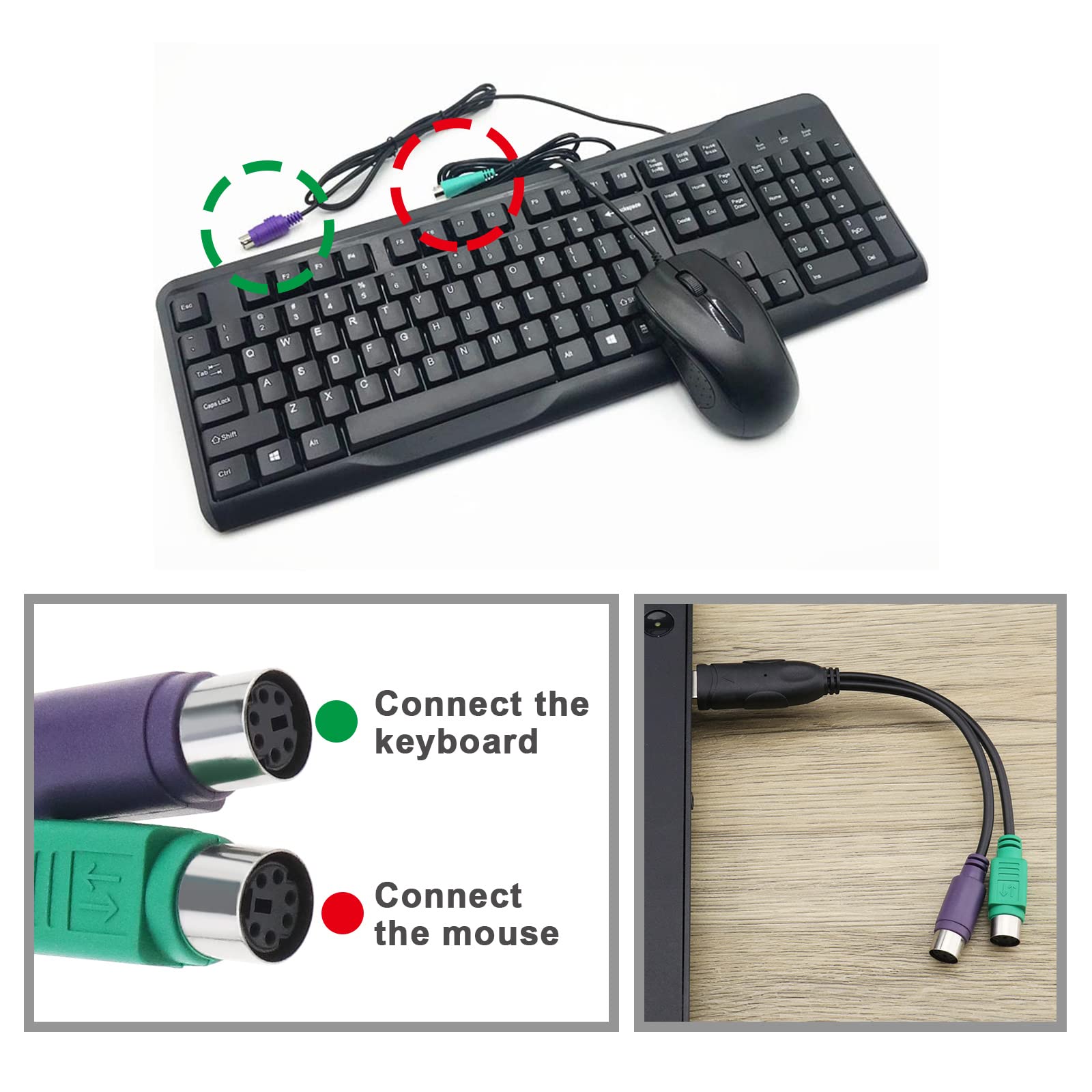Adaptateur PS2 vers USB Lot de 2 Convertisseur Y Clavier Souris Plug and Play KVM 20 cm