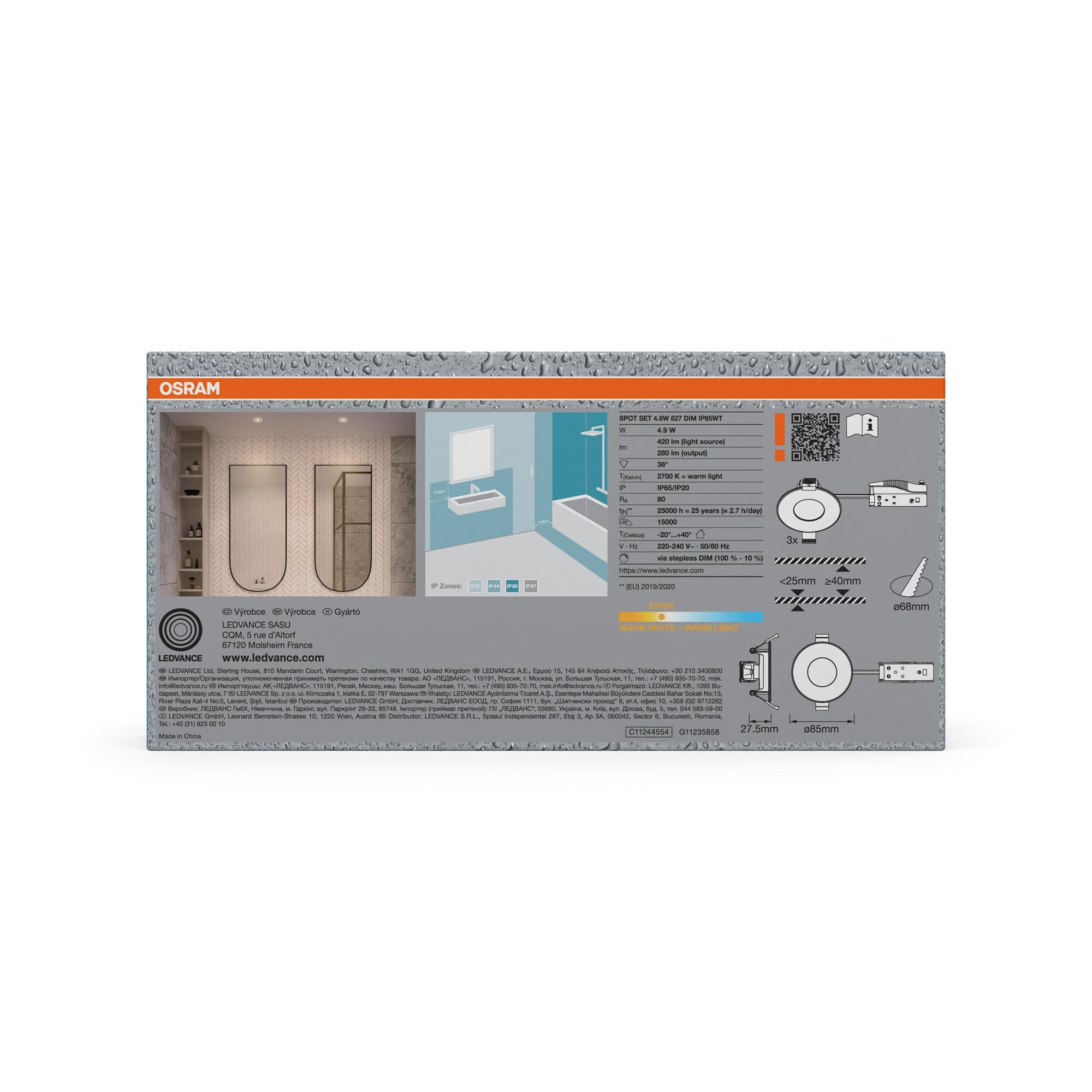 Osram Spot Set Spot LED encastrable DIM IP65 4,9W Blanc, lot de 3 extérieur dimmable, blanc chaud 2700K, extérieur