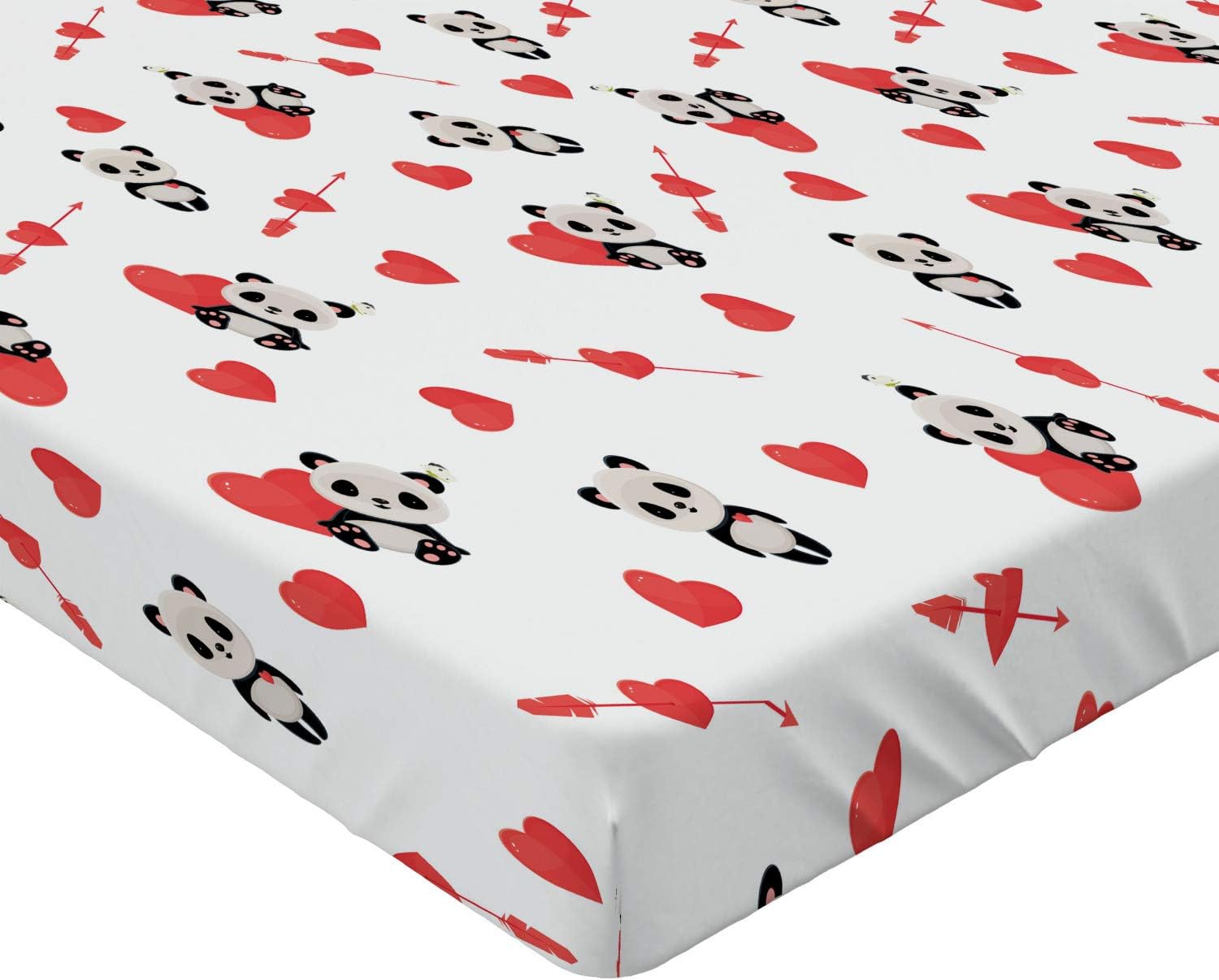 Ambesonne Love Fitted Sheet, Panda Bear in Love Sitting with Vivid Heart and Arrows, Bed Cover with All-Round Elastic Deep Pocket for Comfort, Queen Size, Vermilion Beige Black