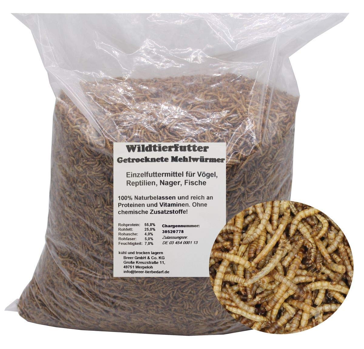 BREERs Getrocknete Mehlwürmer 10 Kg Futter für Vögel Fische Nager Reptilien Igel