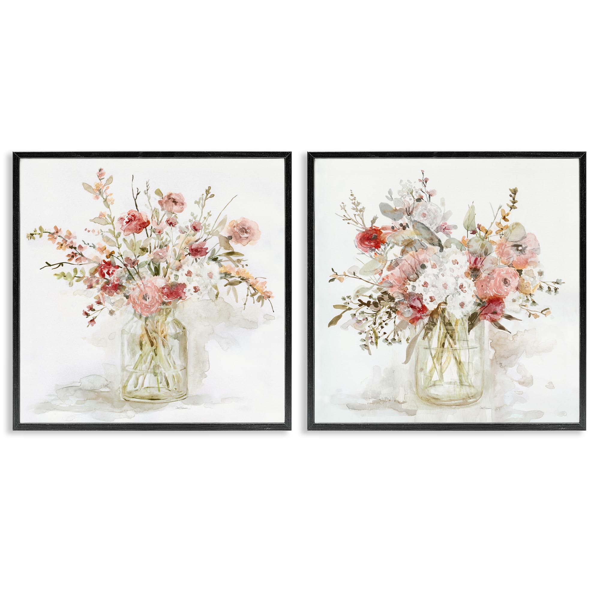 Stupell Industries 'Delicate Watercolor Bouquets in Glass', 2pc Framed Giclee Art Set 2, Black, 12 x 12 Inches, Easy to Hang and Sturdy, Made in USA, by Carol Robinson
