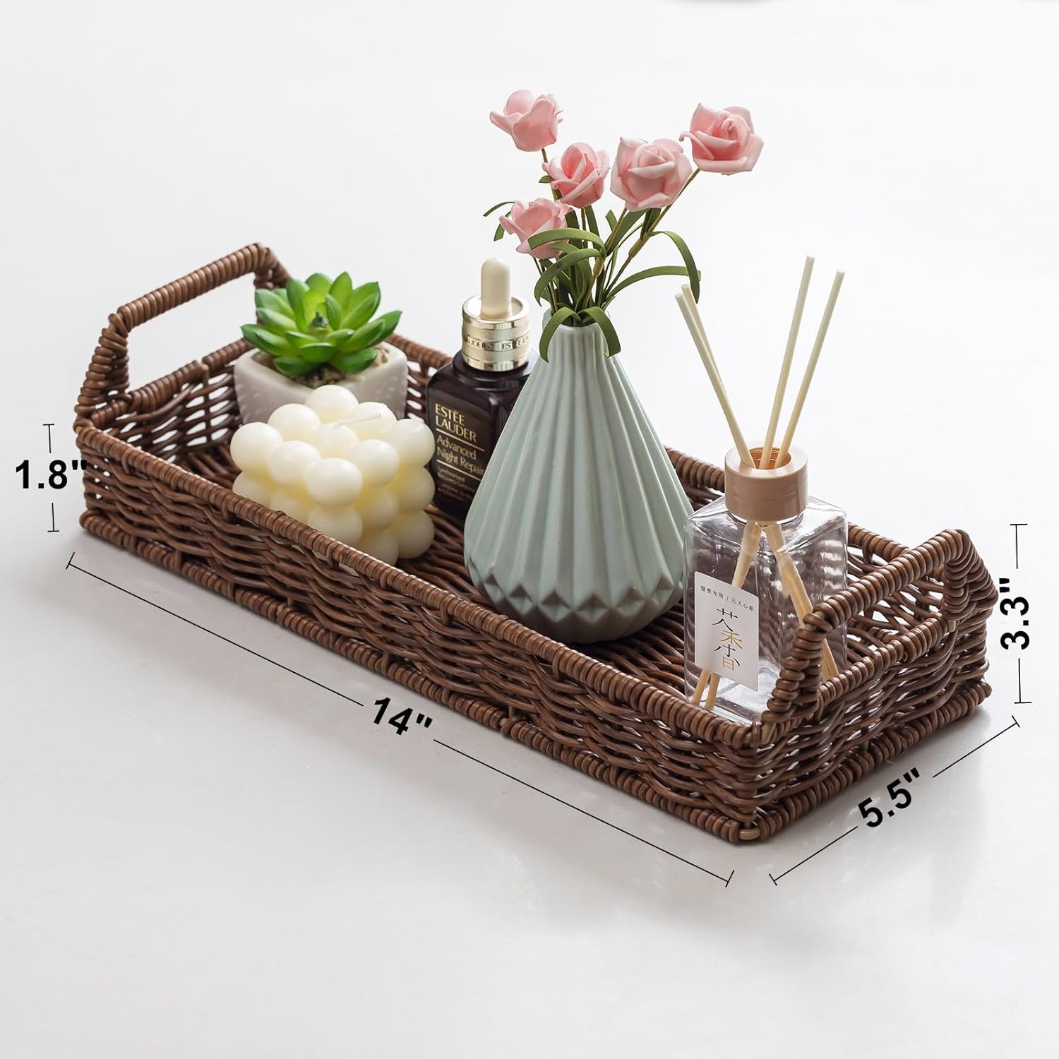 Toilet Tank Tray with Handles - Long Narrow Rattan Style Vanity Tray | Bathroom Sink Organizer, Guest Towel & Napkin Holder, Decorative Storage Basket for Bathroom, Toilet or Guest Room - Image 3