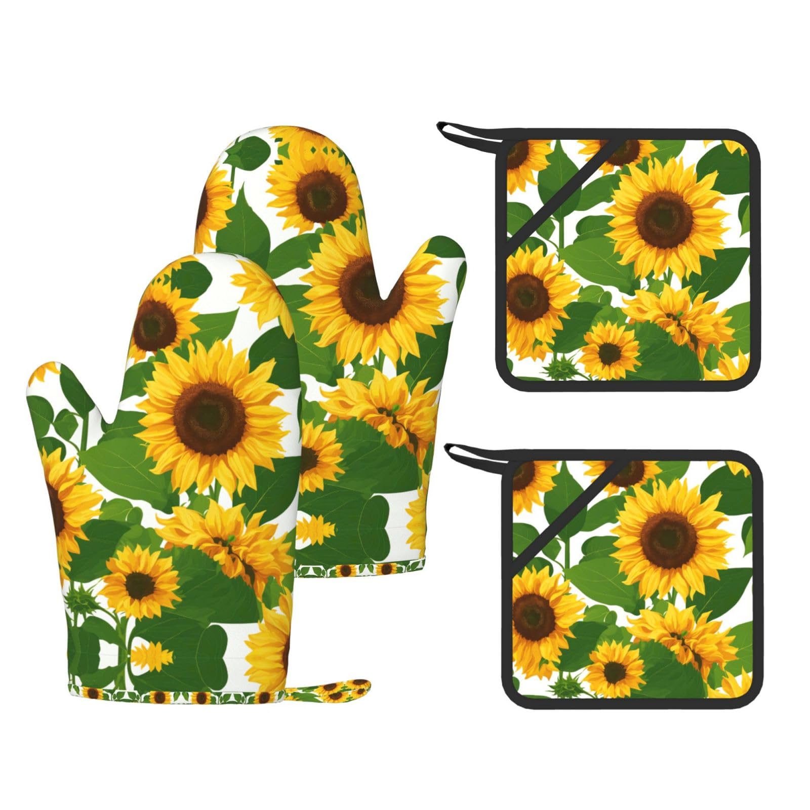 Sunflower Printed Cooking Mitts and Pot Holders 4 Pcs, Heat Resistant Oven Gloves with Hanging Loop Chef