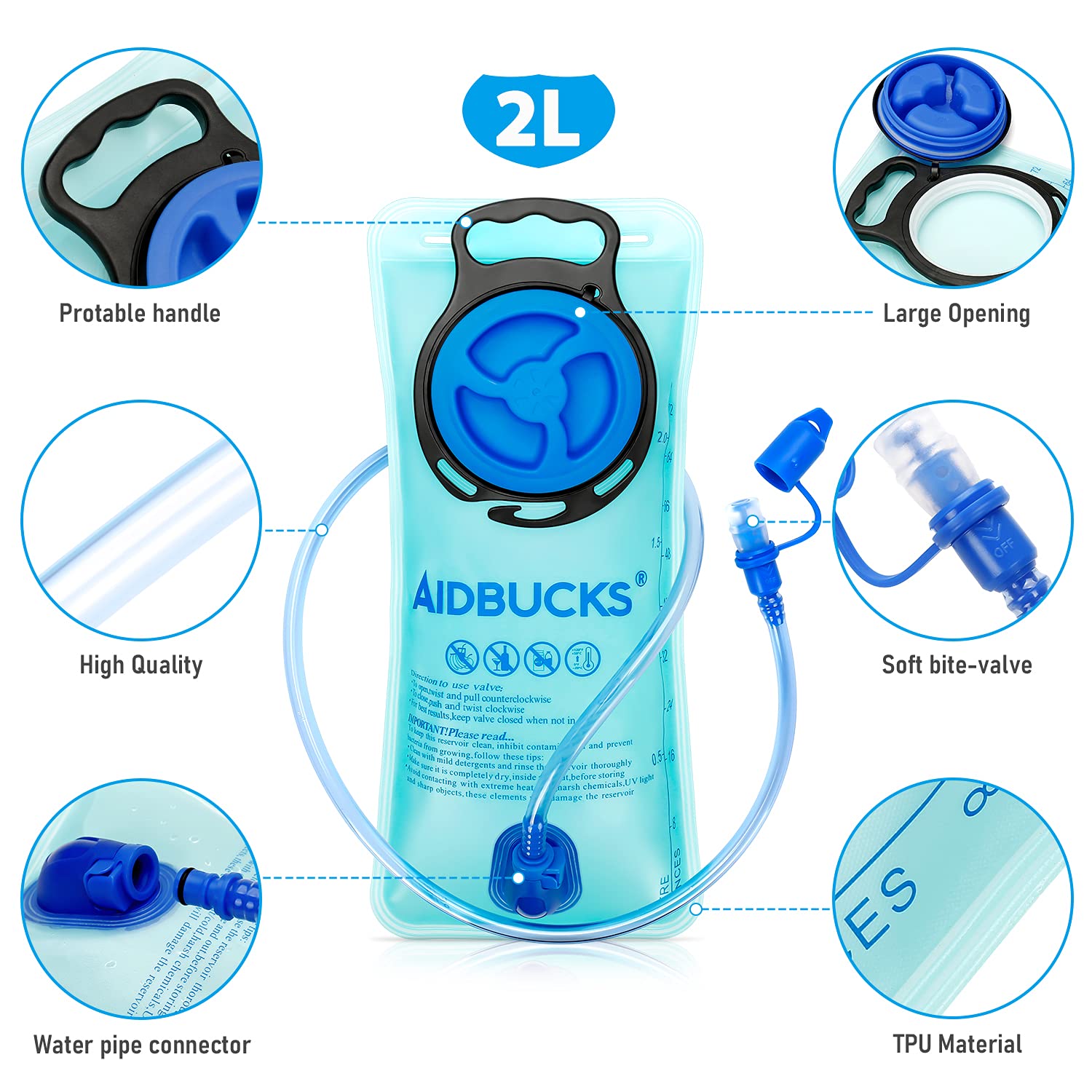 AIDBUCKS 2L Sacca Idratazione Sacca del' Acqua Sistema di Idratazione Vescica Portatile con Valvola Mordente - BPA Gratuito Antibatterico per Zaino Idratazione, Ciclismo, Escursionismo, Camminata