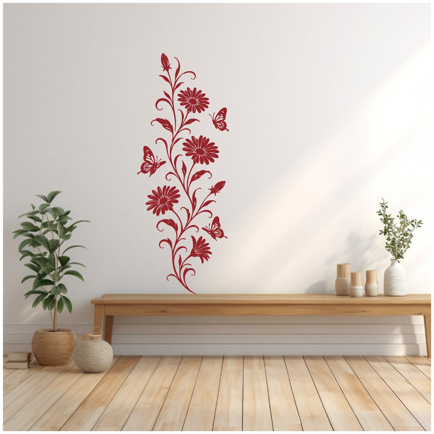 Samunshi® Wandtattoo Margeriten Blumenranke mit Schmetterlingen Elegante Blumen Wanddekoration Florales Wandmotiv für Wohnzimmer, Schlafzimmer, Flur und Küche pink 57 x 150cm