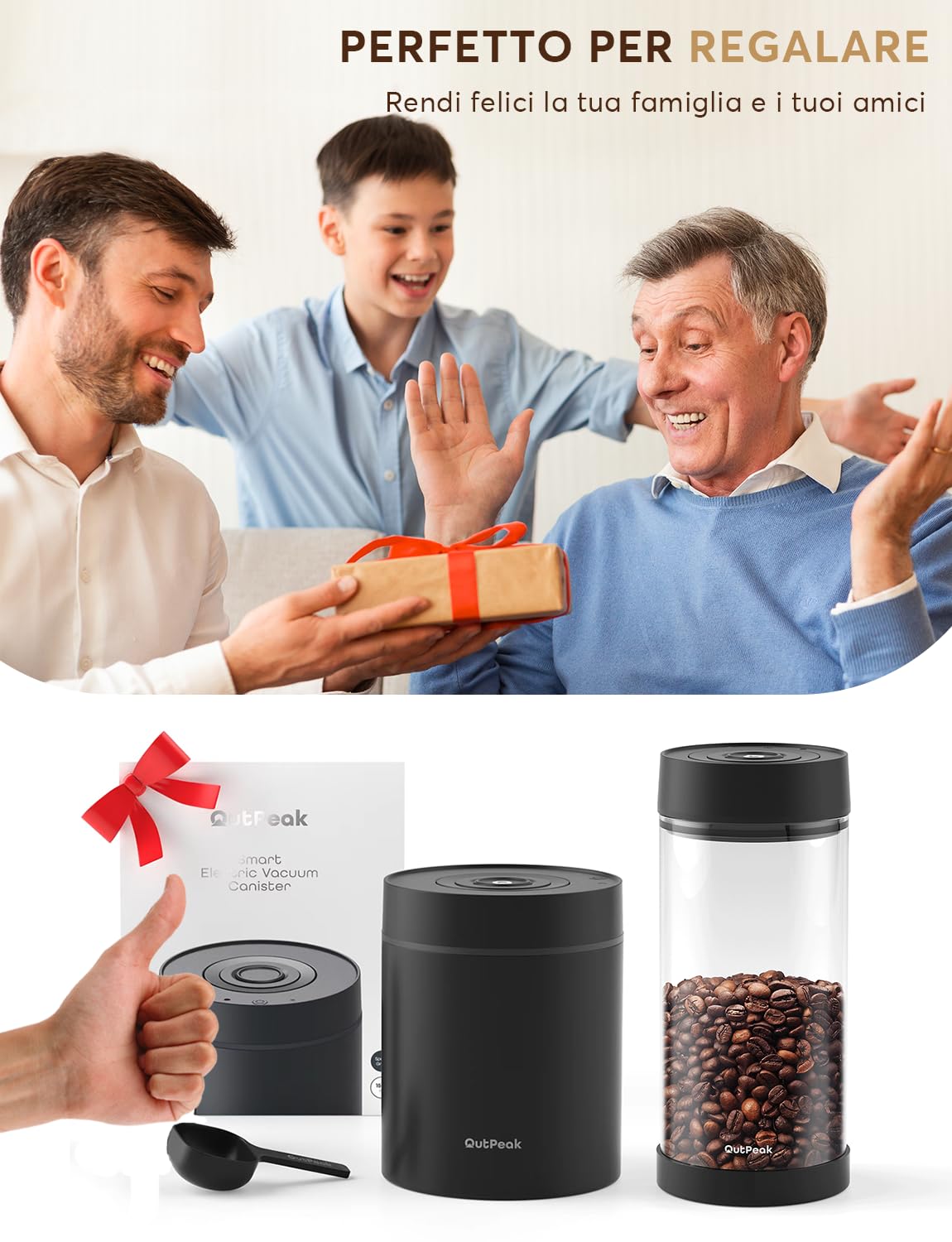 OUTPEAK Neo 2025 Kilo - Barattolo Sottovuoto Automatico per Caffè, Capacità 1,5 L, per Chicchi in Grani, Funzionamento Con Un Pulsante, Contenitore in Acciaio Inox