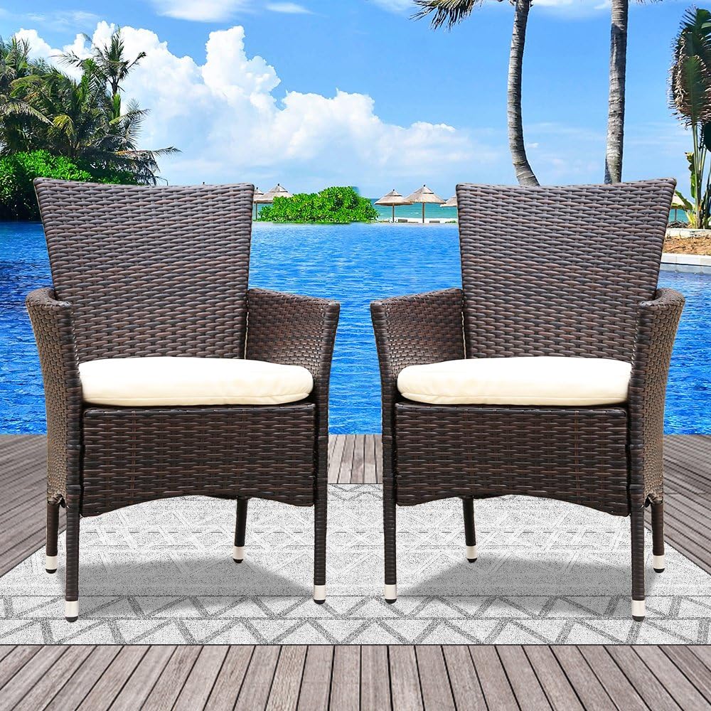 DEVOKO Outdoor 2 Piece Weather-Resistant HDPE Rattan & Wicker Dining Chair Set for Garden, Pool, Patio Soft Washable Cushion Furniture (Dark Brown & Crream)