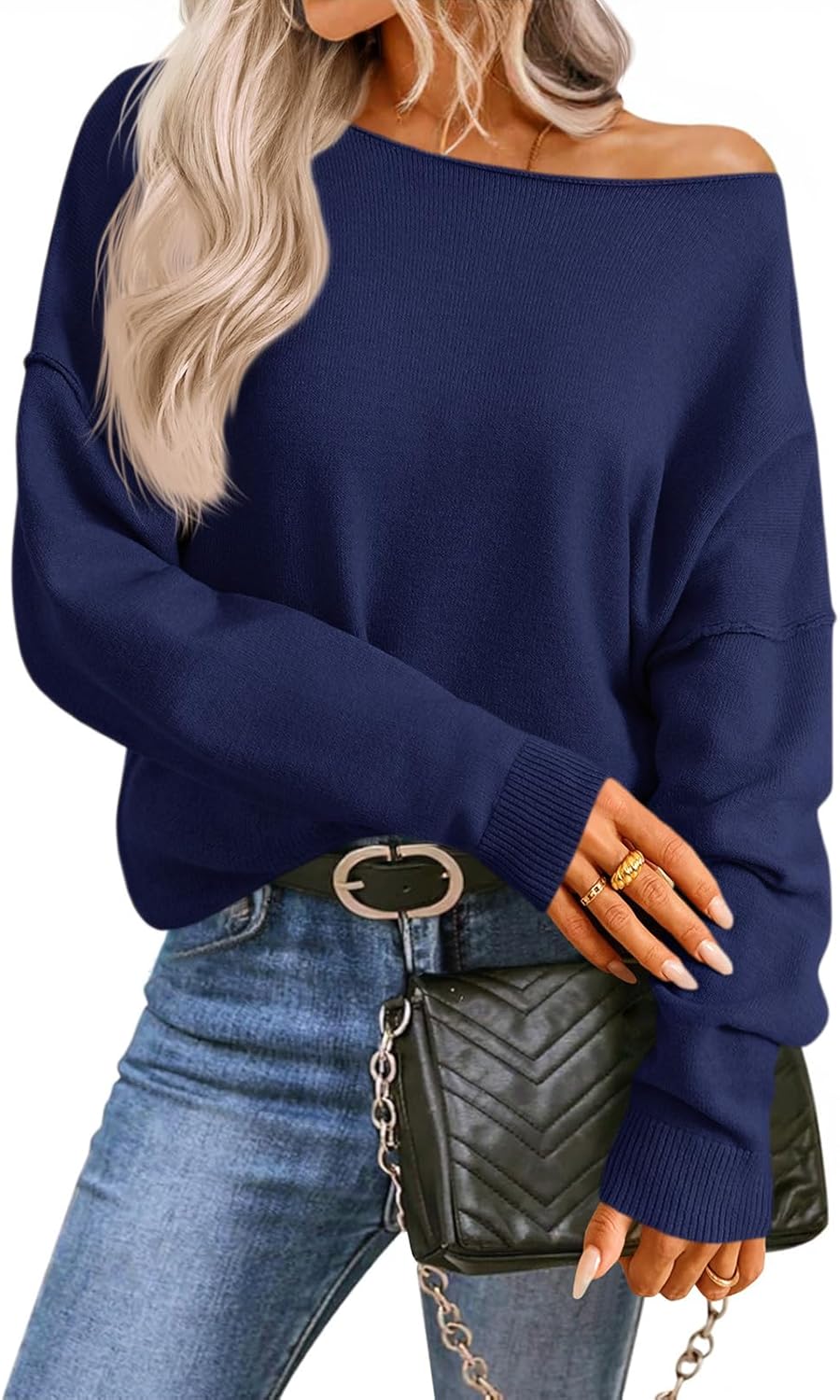 Saodimallsu Womens Off The Shoulder Sweater Boat Neck Batwing Sleeve Knit Pullover 2025 Cute Casual Trendy Jumper Tops Large Navy - Image 1 of 5