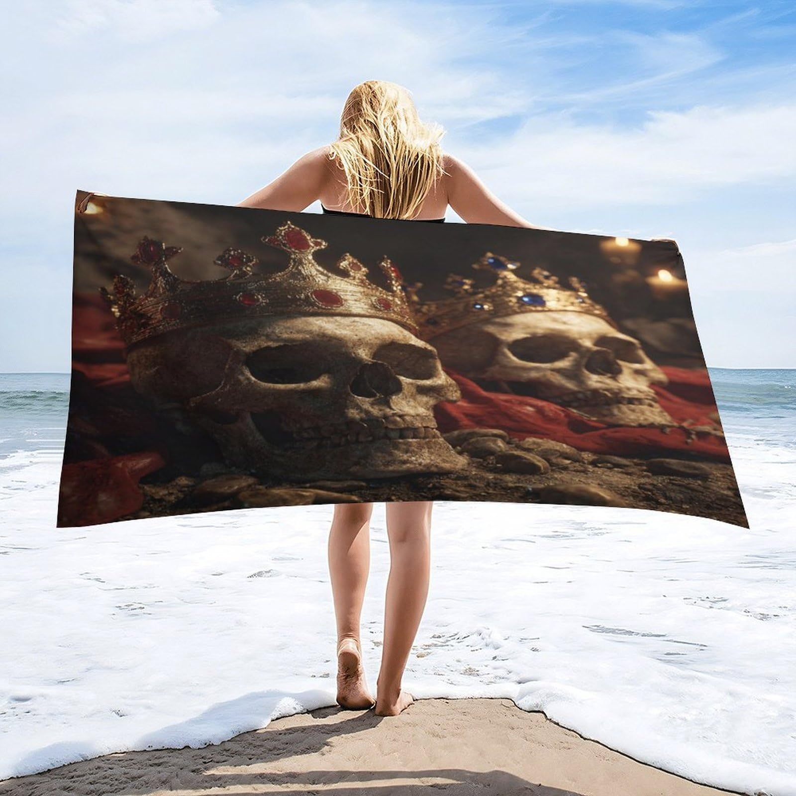 Luyysky Elegant Realistic King Queen Crown Absorbent Beach Towel, Classic Watercolor Skull Skeleton Couple Crystal Crown Outdoor Single-Sided Velvet Beach Towel-80 W Cm X 160" L Cm