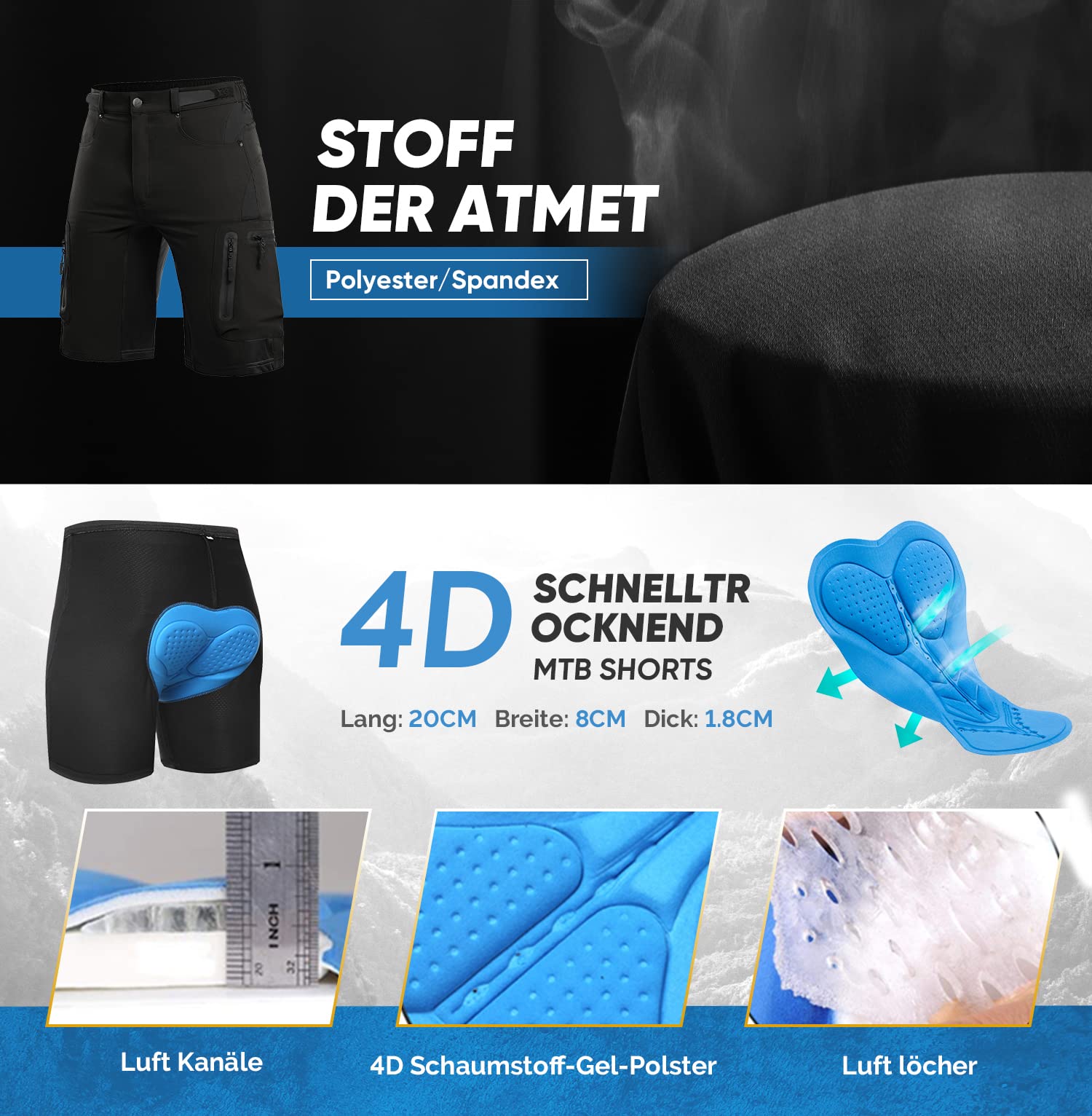 Cycorld MTB-broek voor heren, Fietsshorts heren met 4D Gevoerd, ademende, sneldrogende, mountainbikebroek, MTB-short, mountainbikeshort, fietsbroek ( Zwart,M
