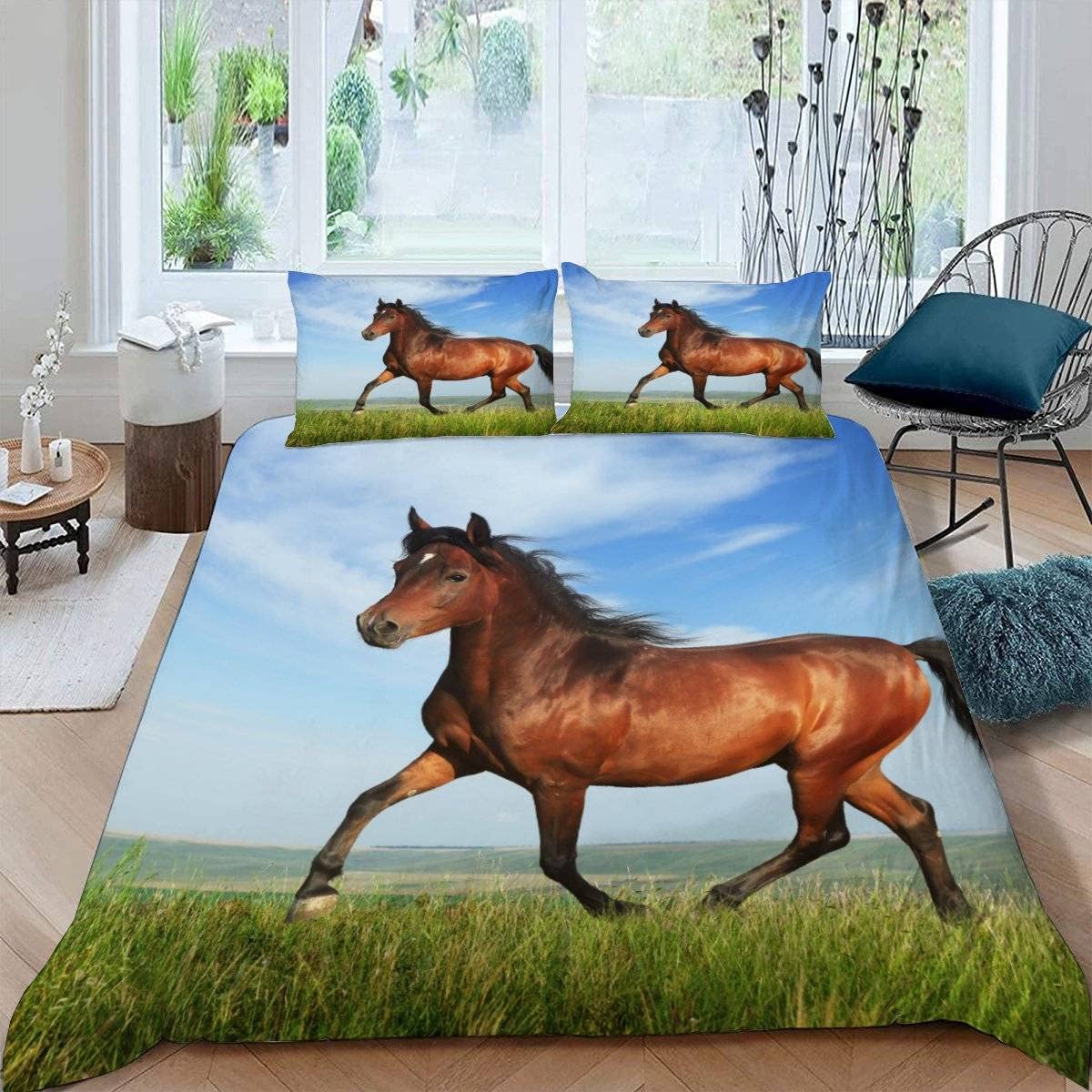 RFFLUX 3D Horse Double Bedding Duvet Cover Set 3 Pieces 200x200 Ultra Soft Microfiber Gallop Horse Comforter Cover with Zipper Easy Care Quilt Cover with 2 Pillowcase for Room Decor — image 1