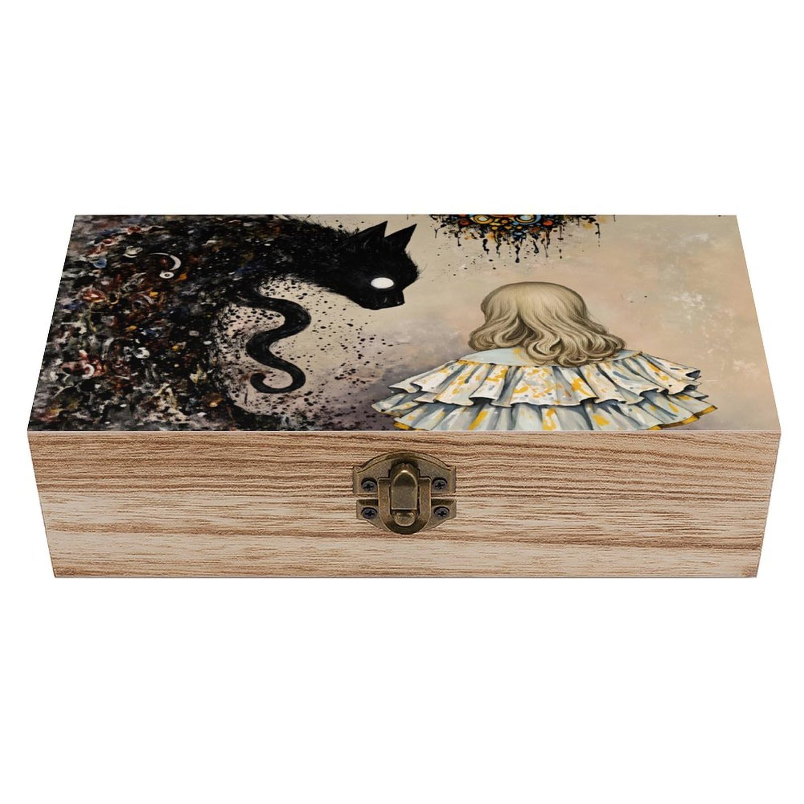 asbwuo Cute Girl And Cat Vintage Wooden Keepsake Box