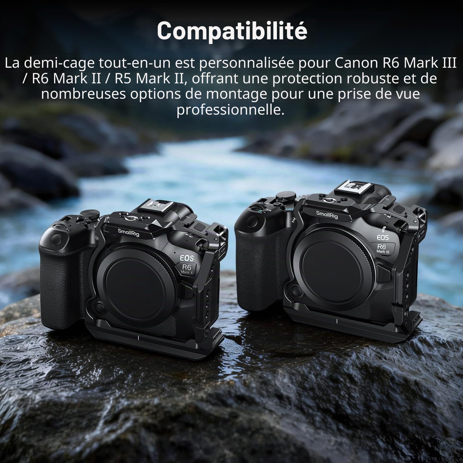 SMALLRIG R6 Mark III Demi-Cage pour Canon R6 Mark II / R5 Mark II, Plaque de Dégagement Rapide HawkLock pour Rail Arca/NATO, Compatible pour DJI RS 3 / RS 3 Pro/RS 4 / RS 4 Pro - 5953