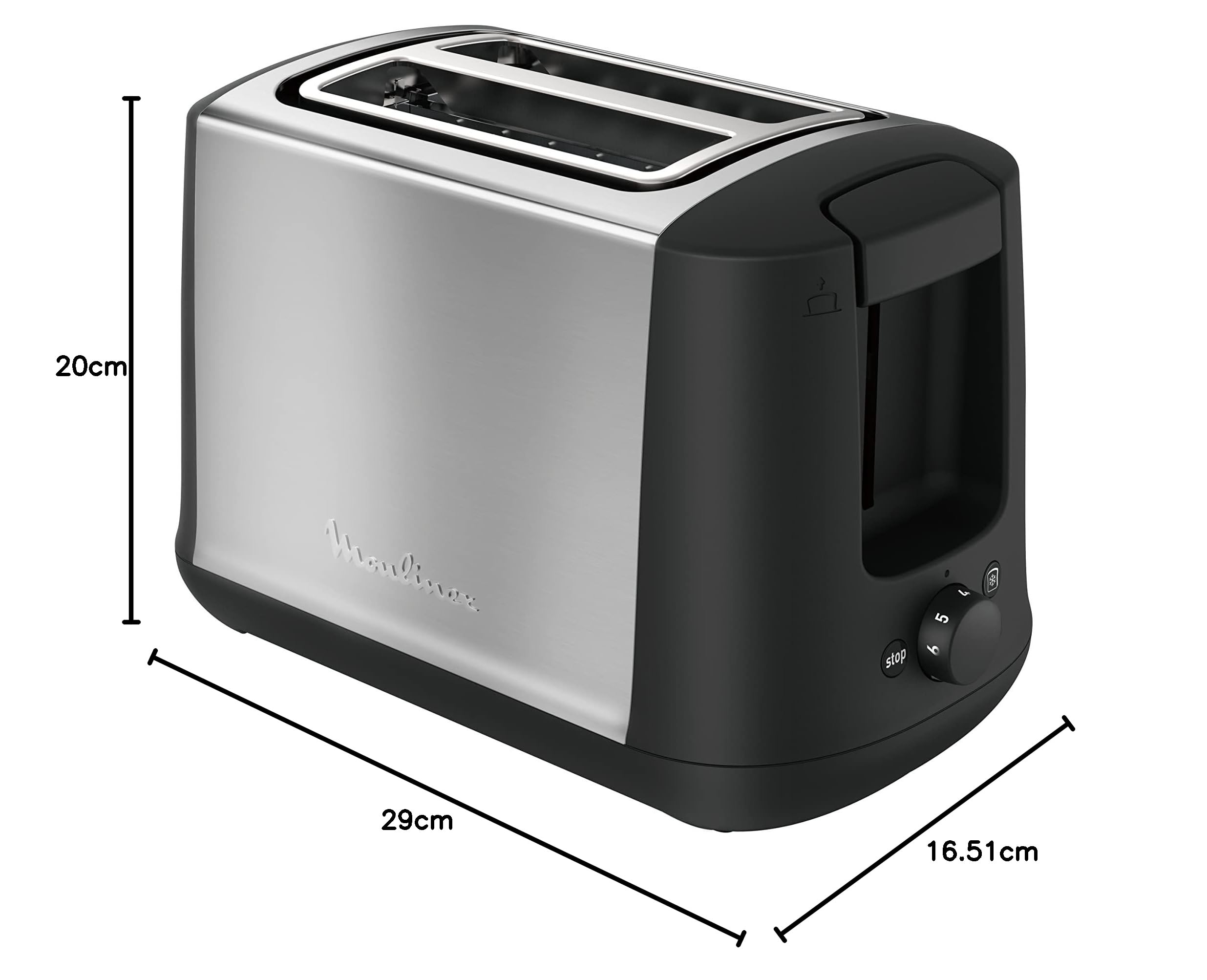 Moulinex Subito LT340811 Tostadora 2 ranuras y 7 ajustes/tiempo de tostado, función Stop, bandeja recoge-migas, 2 ajustes con iluminación para funciones descongelar y recalentar, Negra