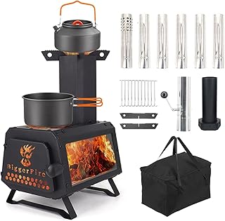 Wood Burning Stove with Fire Window,Portable Tent Stove with 7 Sectional Chimney Pipes,Sturdy Camping Wood Stove with X-shaped Pot Holder for Outdoor Backpacking,Cooking,Hiking and Heating