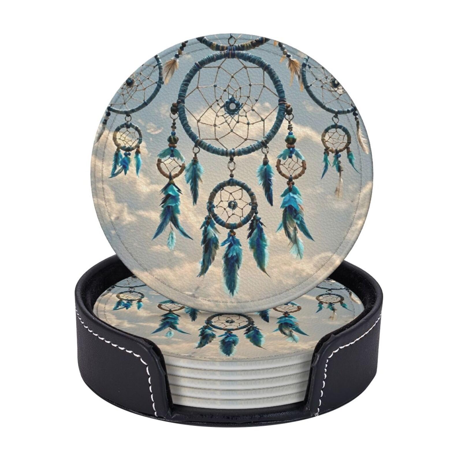 Coasters Set of 6 Leather Drink Coasters with Holder Native Dream Catcher Coasters for Drinks Heat Resistant Coaster Round Coffee Cup Mat Pad for Kitchen Office Home Decor