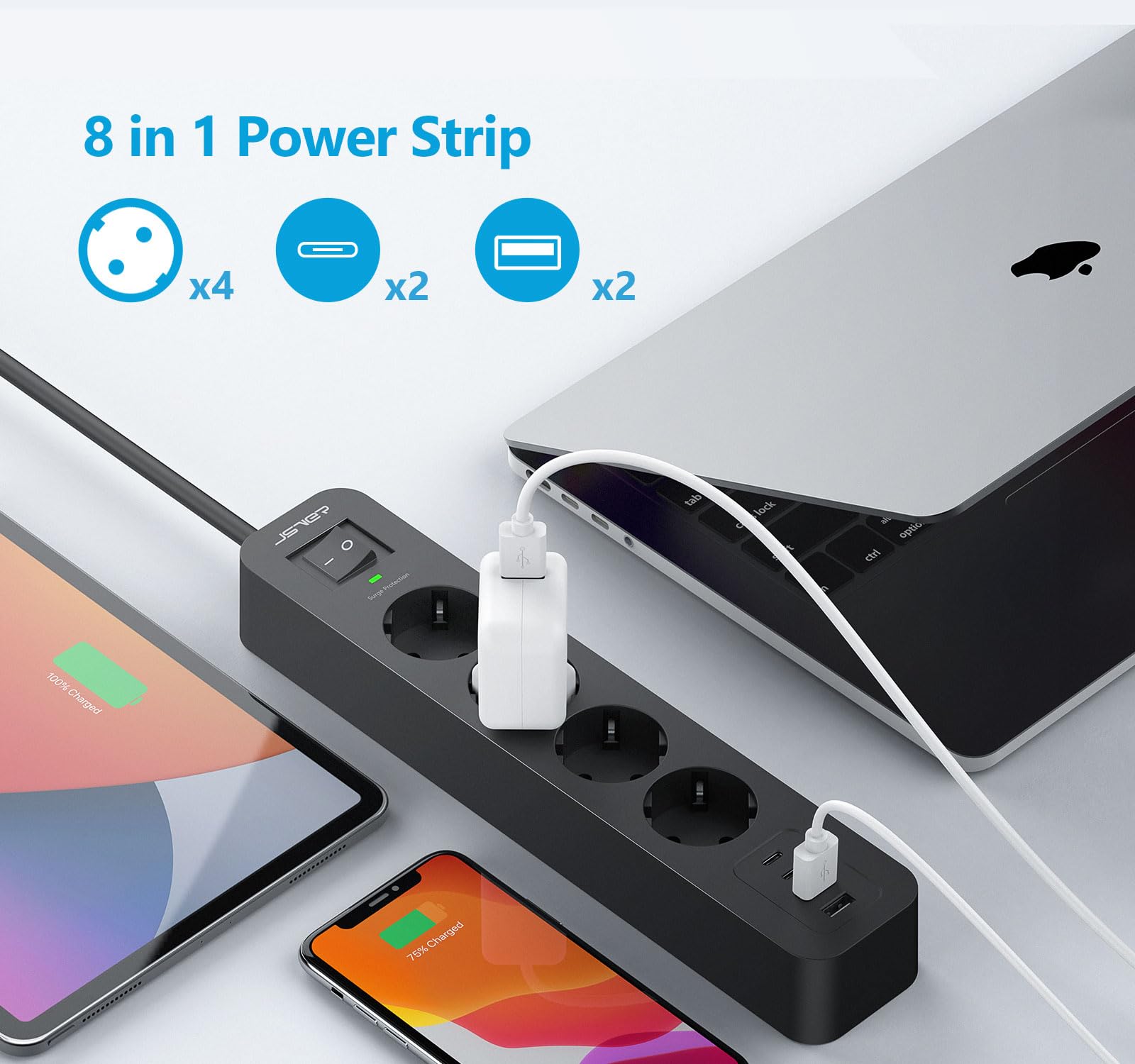 JSVER Multiprise Parasurtenseurs USB 4 Prises avec 2 Ports USB A+2 Ports USB C Chargeur (5V3,4A) Multiprises parafoudre et surtension avec Cable 2m pour Smartphone, Maison, Bureau-Noir