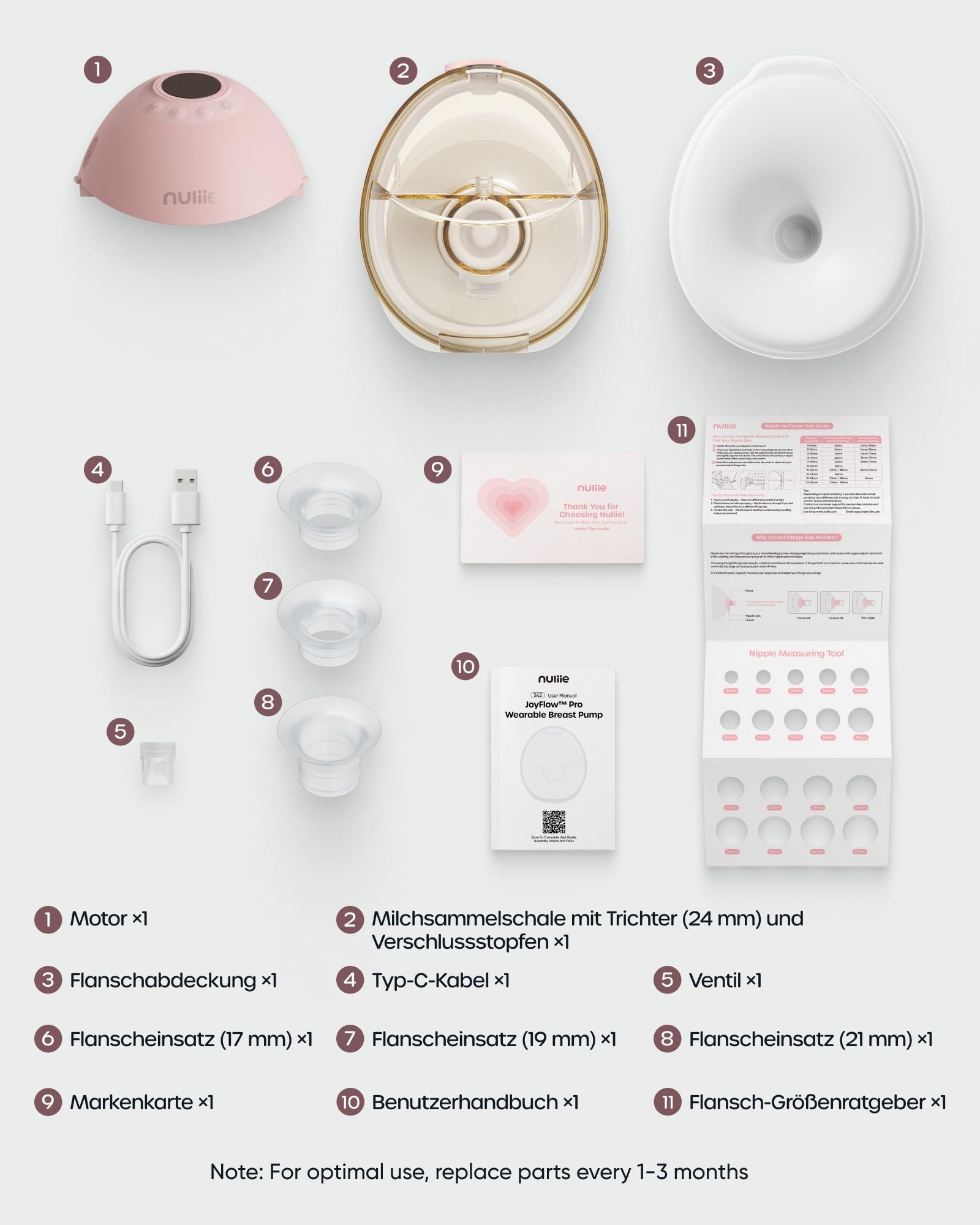 Nuliie JoyFlow Pro Tire-lait portable mains libres avec veilleuse & collecteur PPSU sans BPA, tire-lait électrique avec 4 modes & 12 niveaux, téterelle 24 mm, inserts 17/19/21 mm, lot de 1 Rose